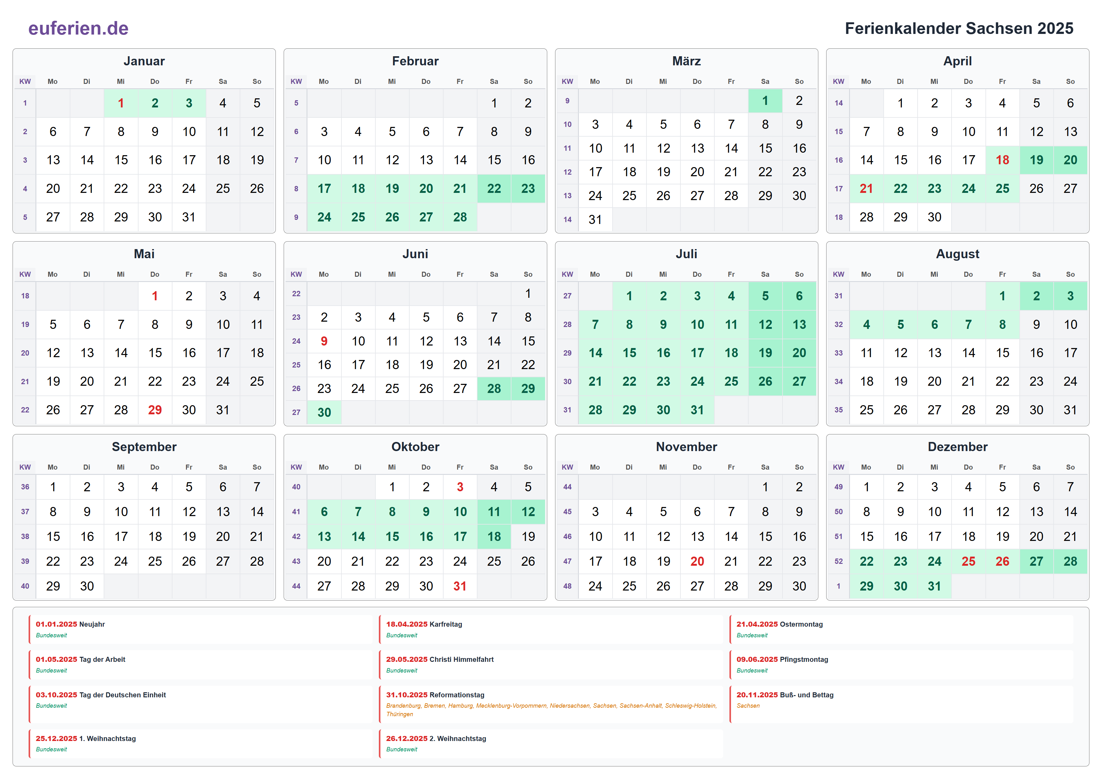 Ferienkalender Sachsen 2025 – Querformat