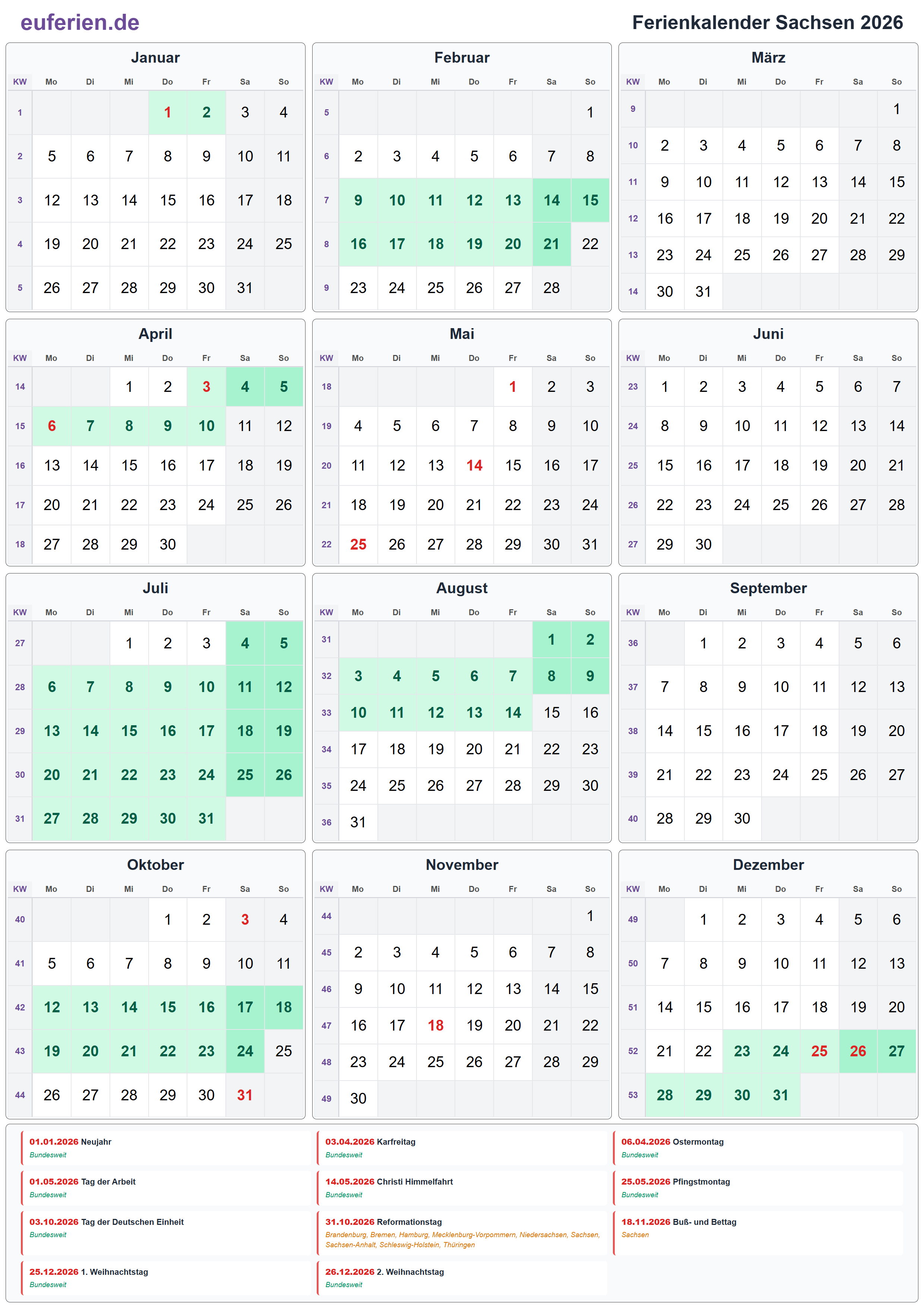 Ferienkalender Sachsen 2026 – Hochformat