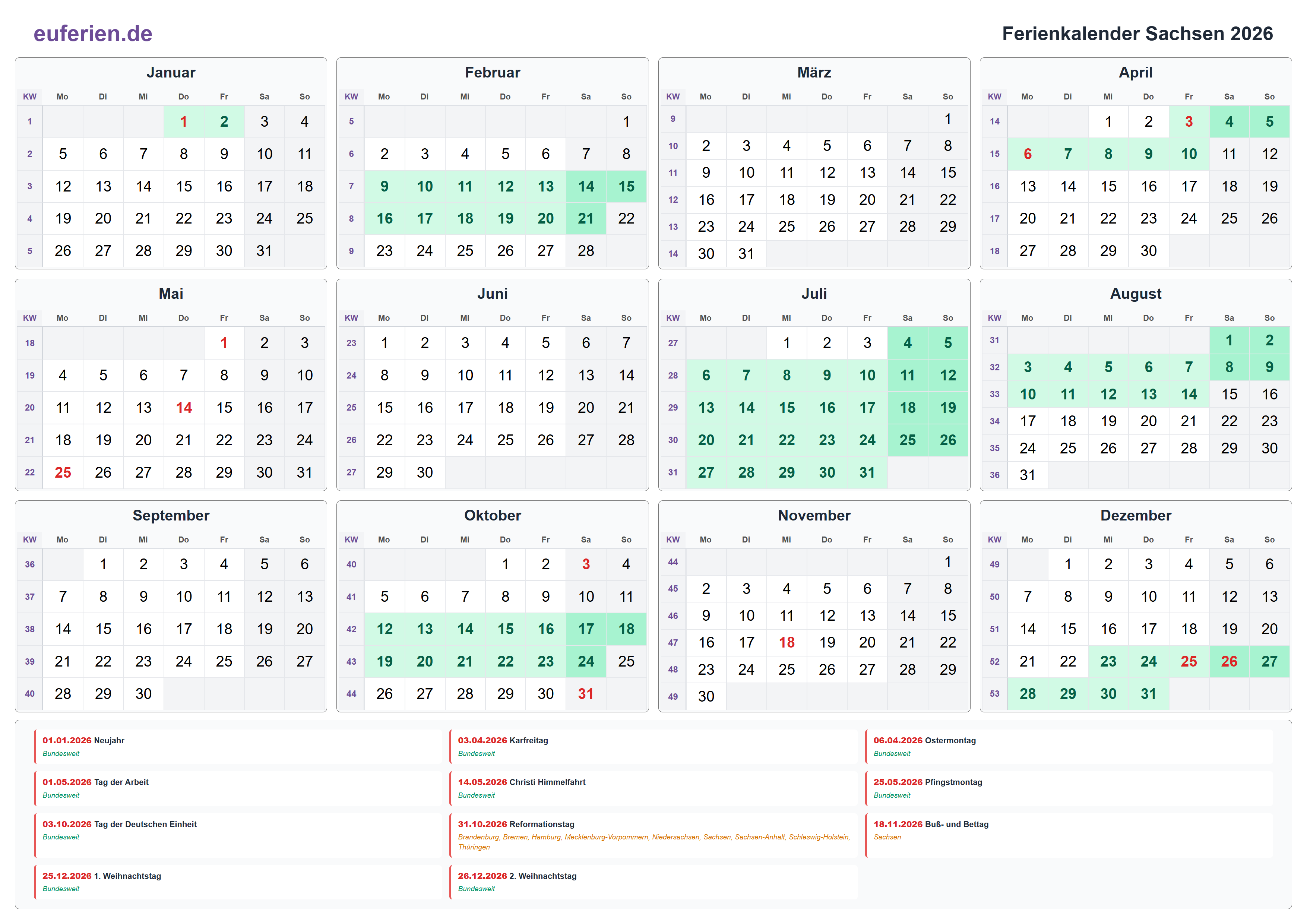 Ferienkalender Sachsen 2026 – Querformat