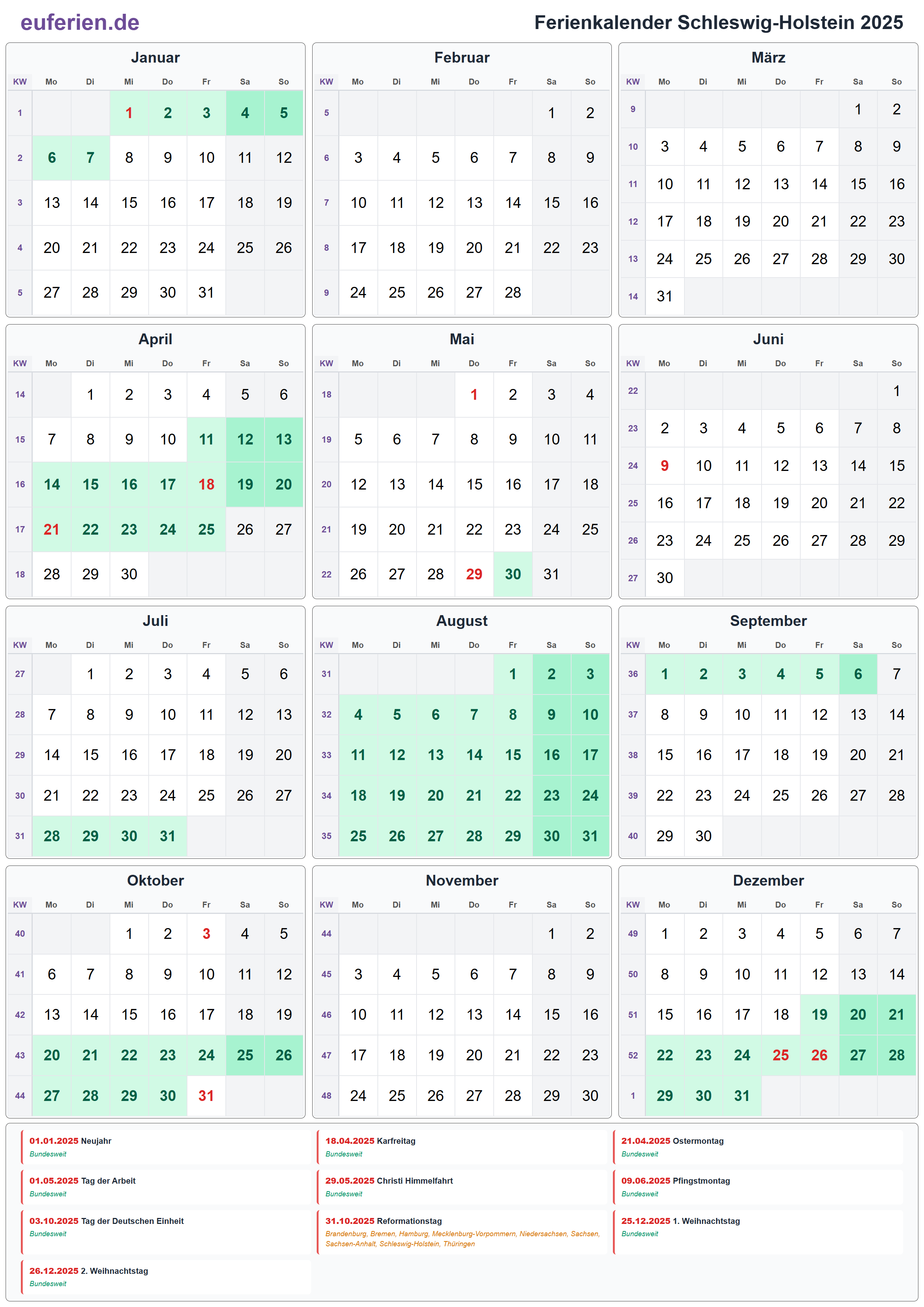 Ferienkalender Schleswig-Holstein 2025 – Hochformat