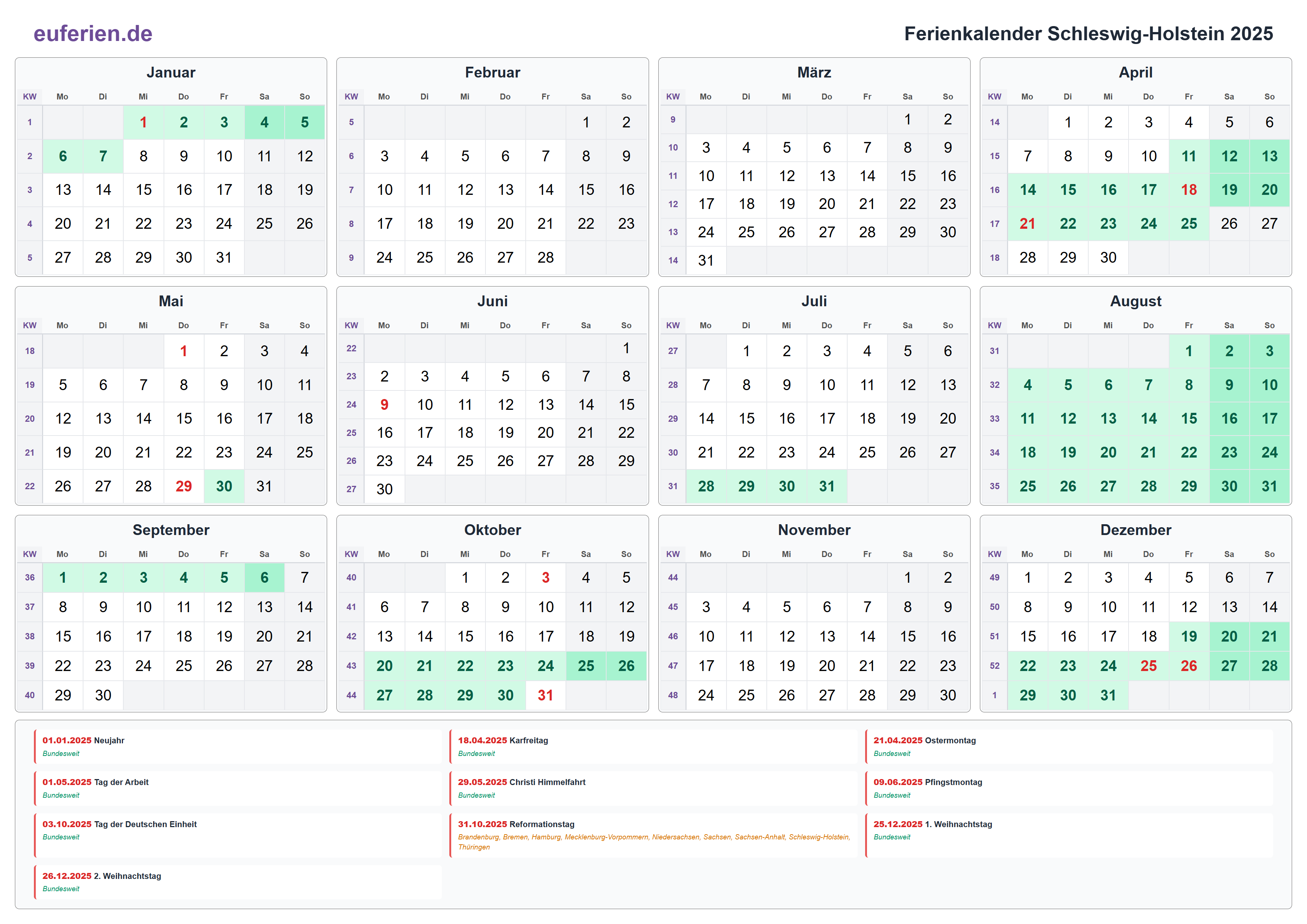 Ferienkalender Schleswig-Holstein 2025 – Querformat