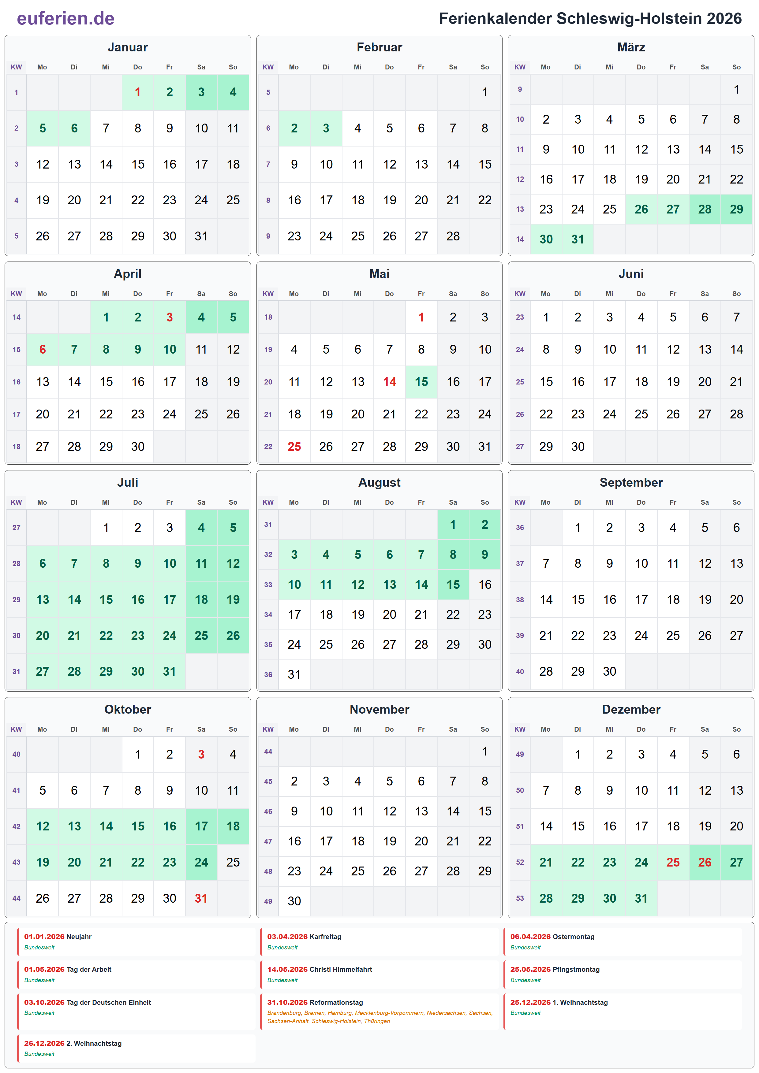 Ferienkalender Schleswig-Holstein 2026 – Hochformat