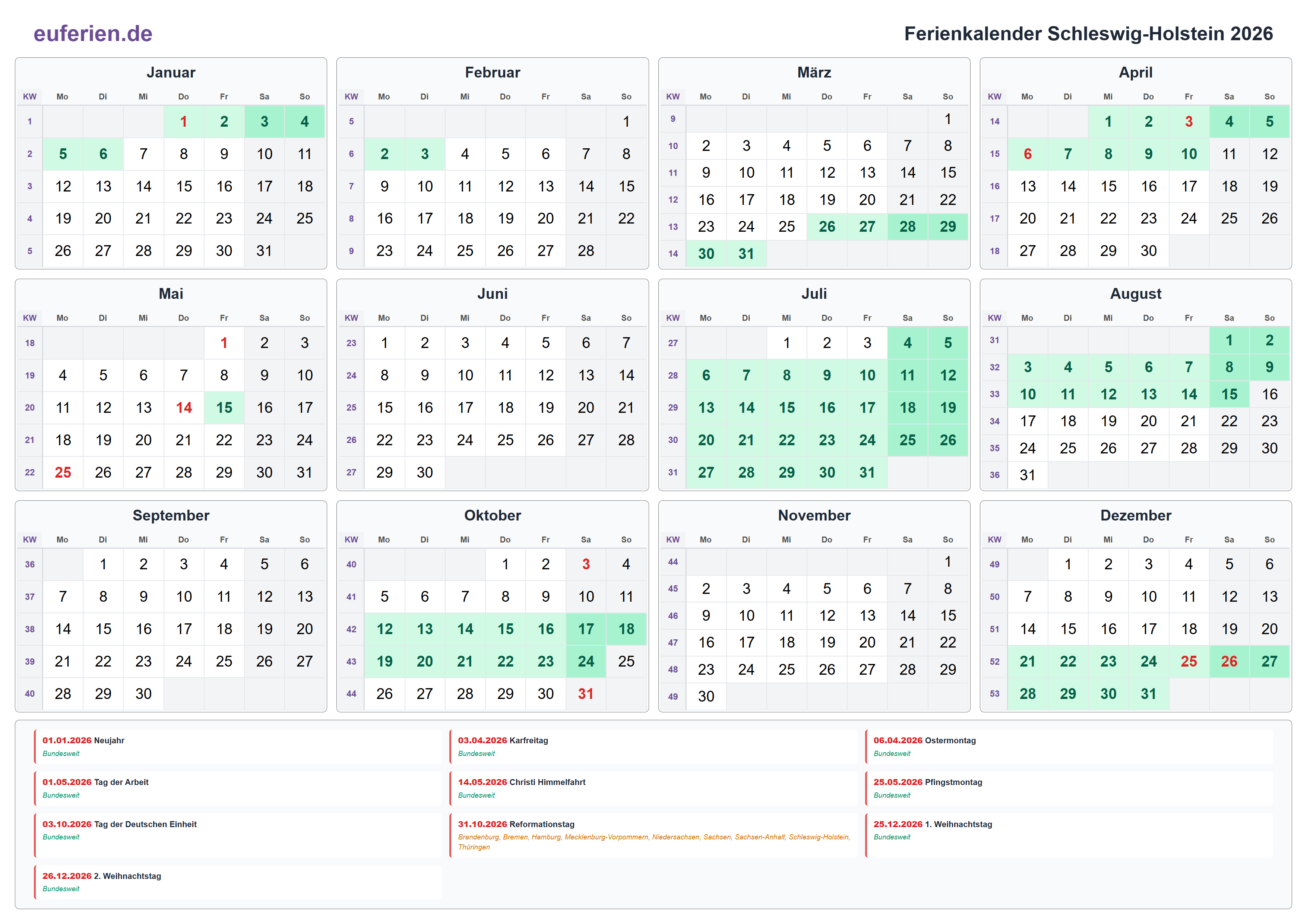 Ferienkalender Schleswig-Holstein 2026 – Querformat