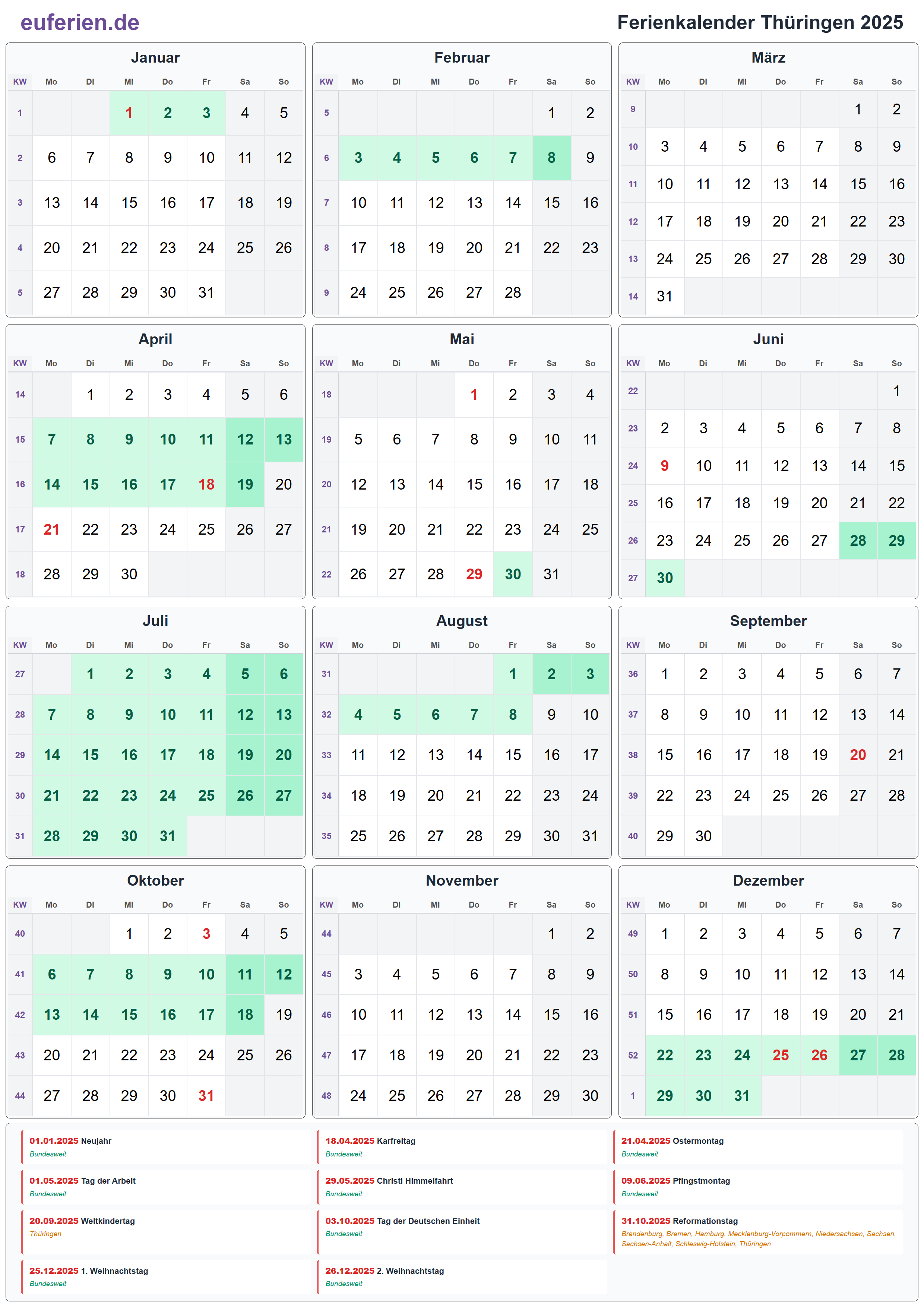 Ferienkalender Thüringen 2025 – Hochformat