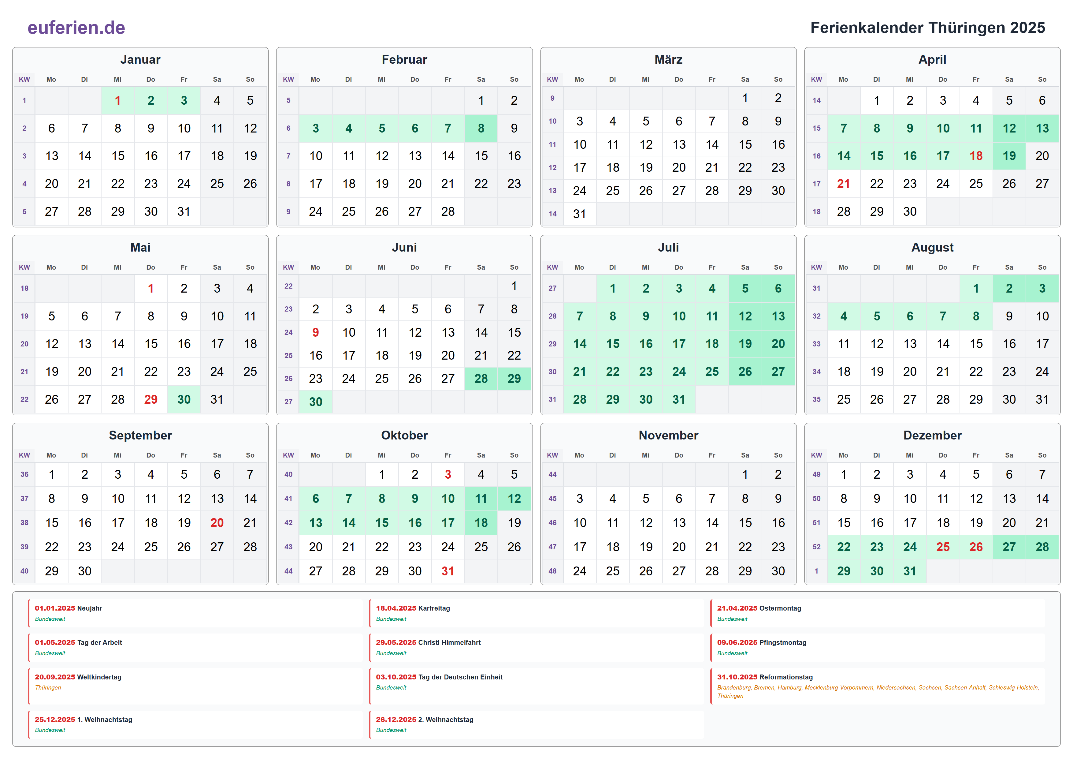 Ferienkalender Thüringen 2025 – Querformat