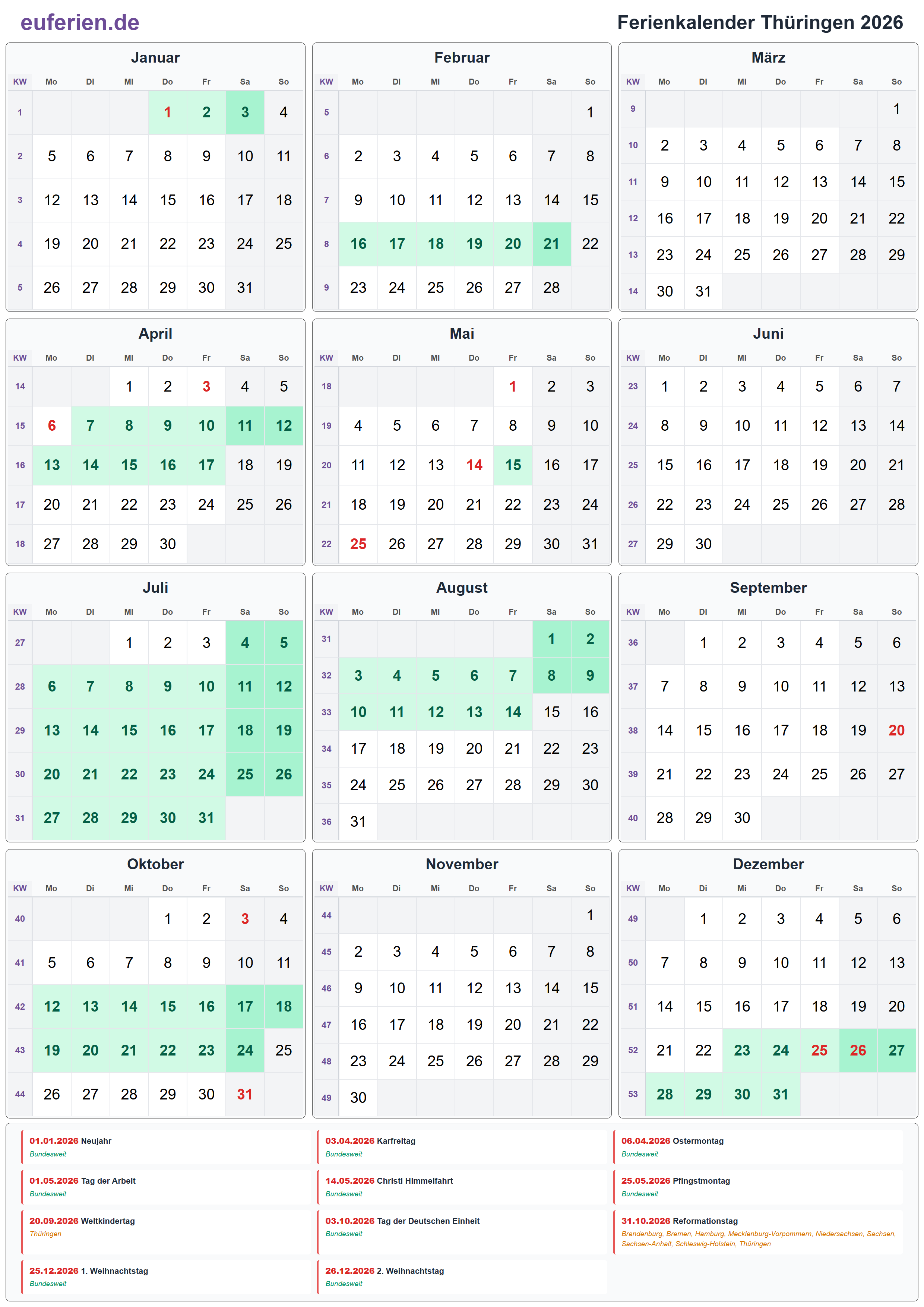 Ferienkalender Thüringen 2026 – Hochformat