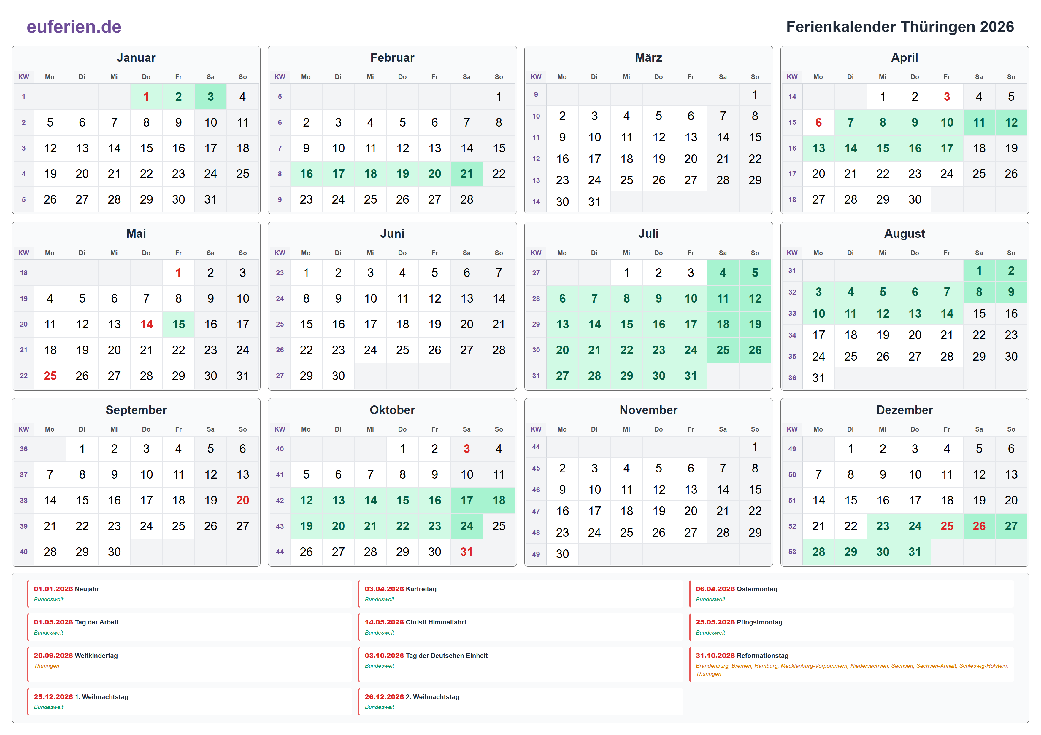 Ferienkalender Thüringen 2026 – Querformat