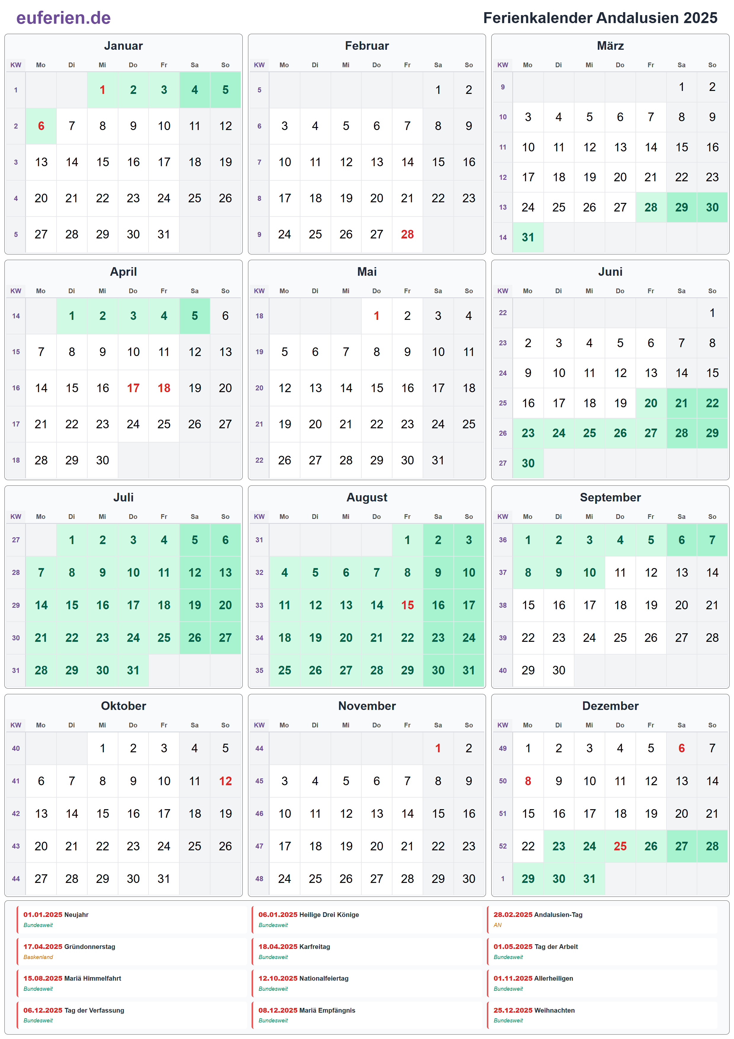 Ferienkalender Andalusien 2025 – Hochformat