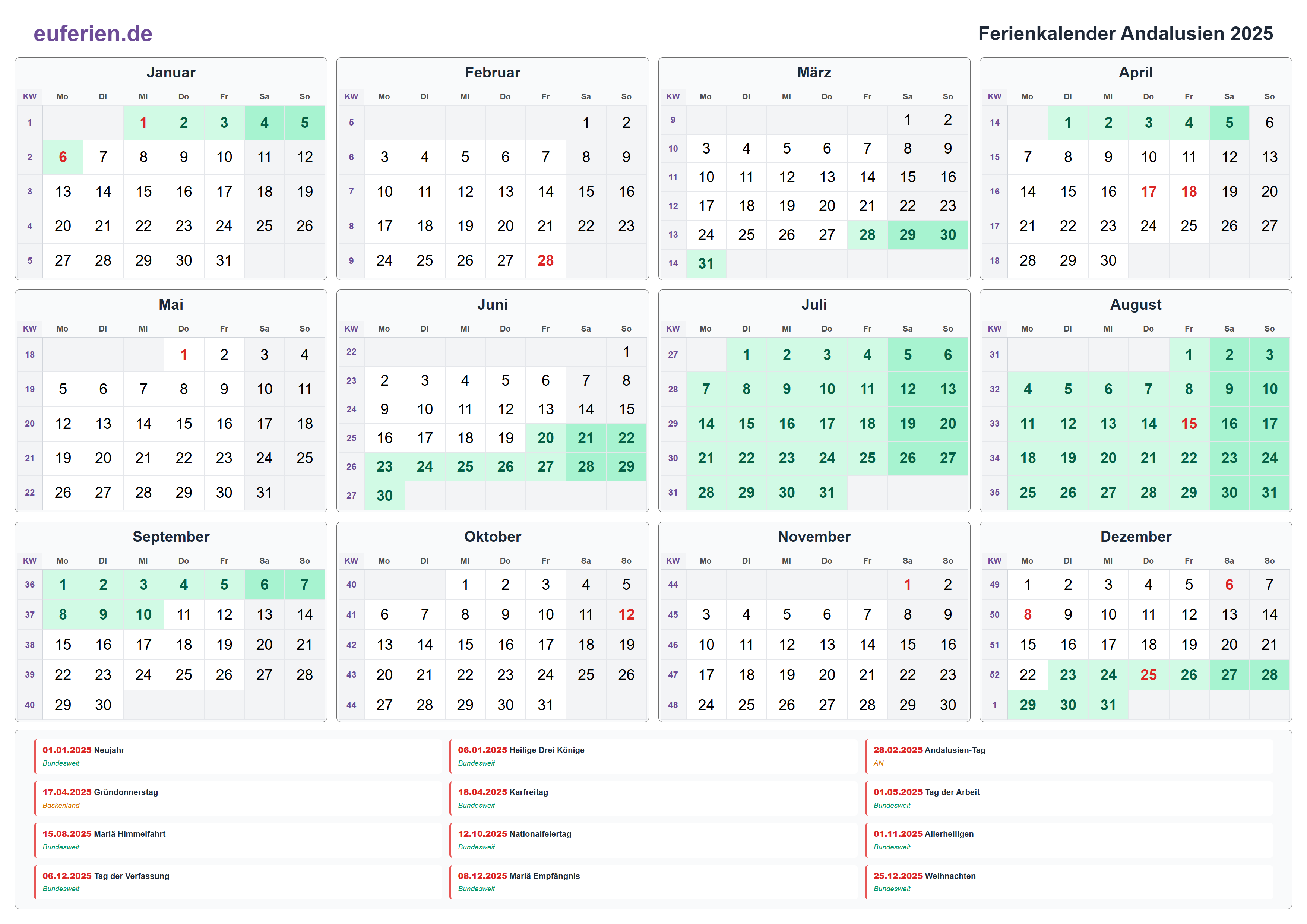 Ferienkalender Andalusien 2025 – Querformat