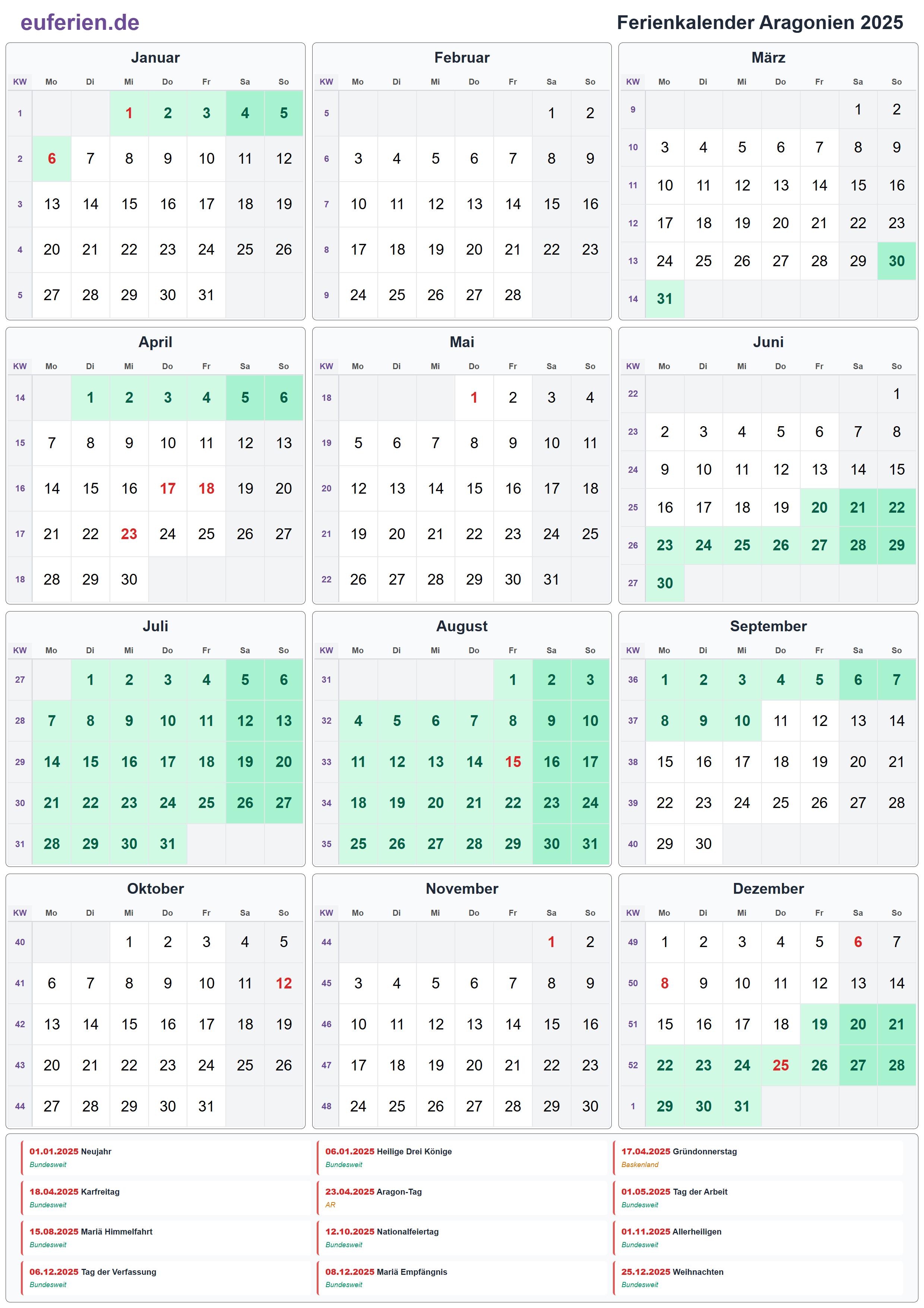 Ferienkalender Aragonien 2025 – Hochformat