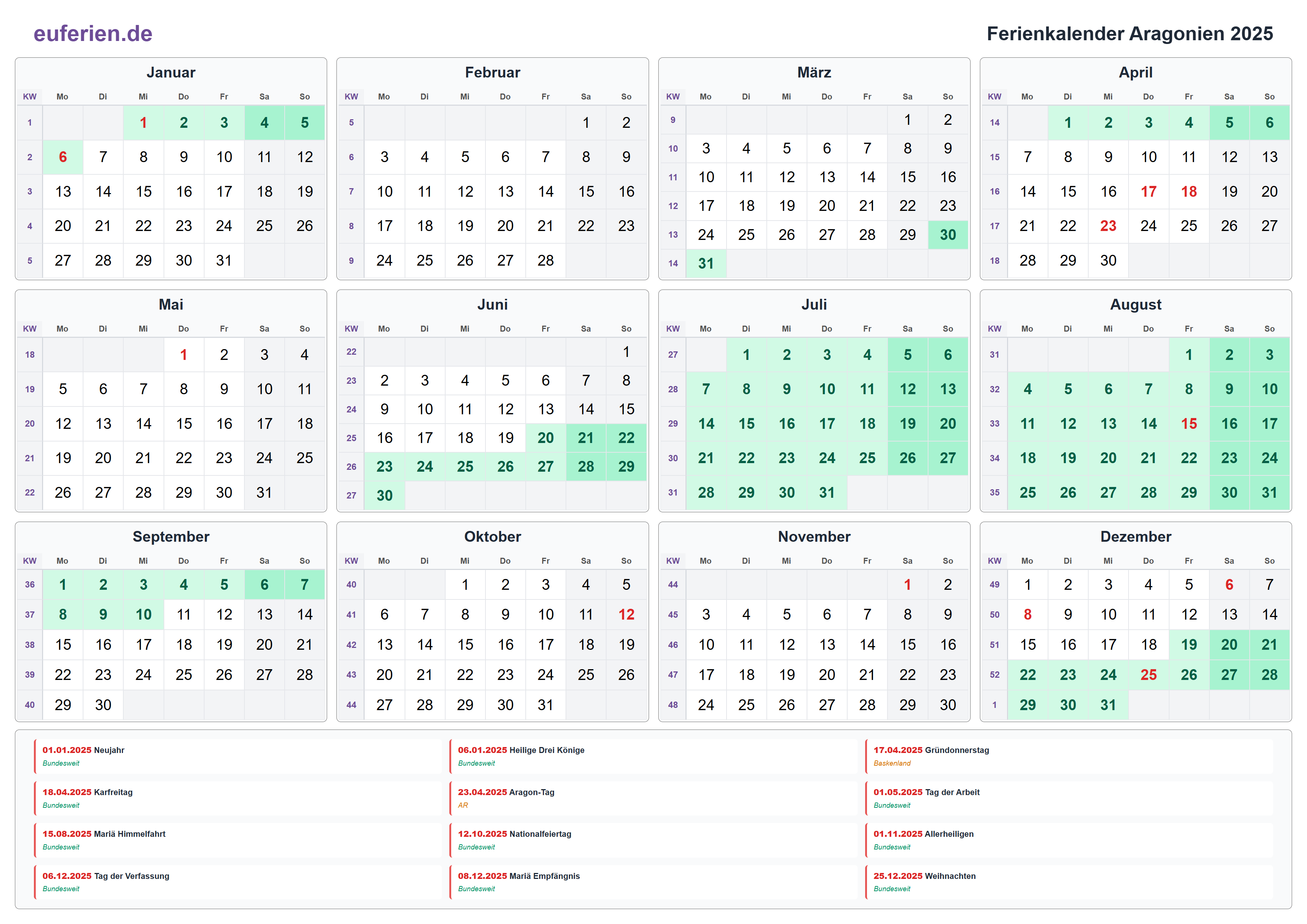 Ferienkalender Aragonien 2025 – Querformat