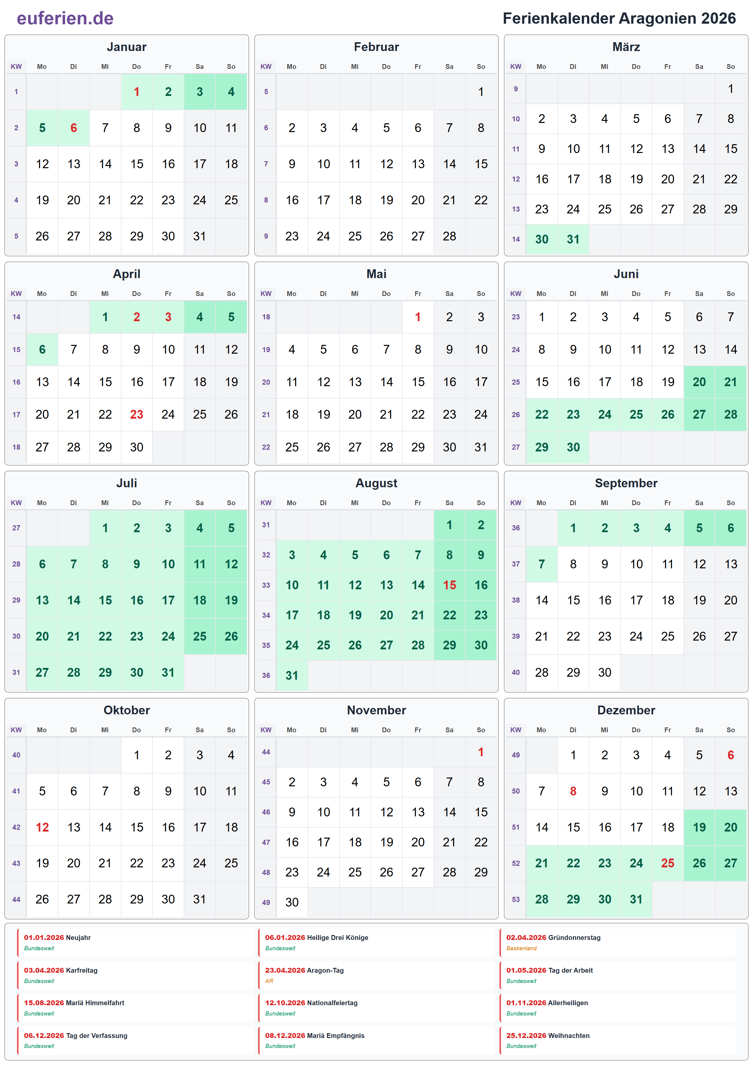 Ferienkalender Aragonien 2026 – Hochformat