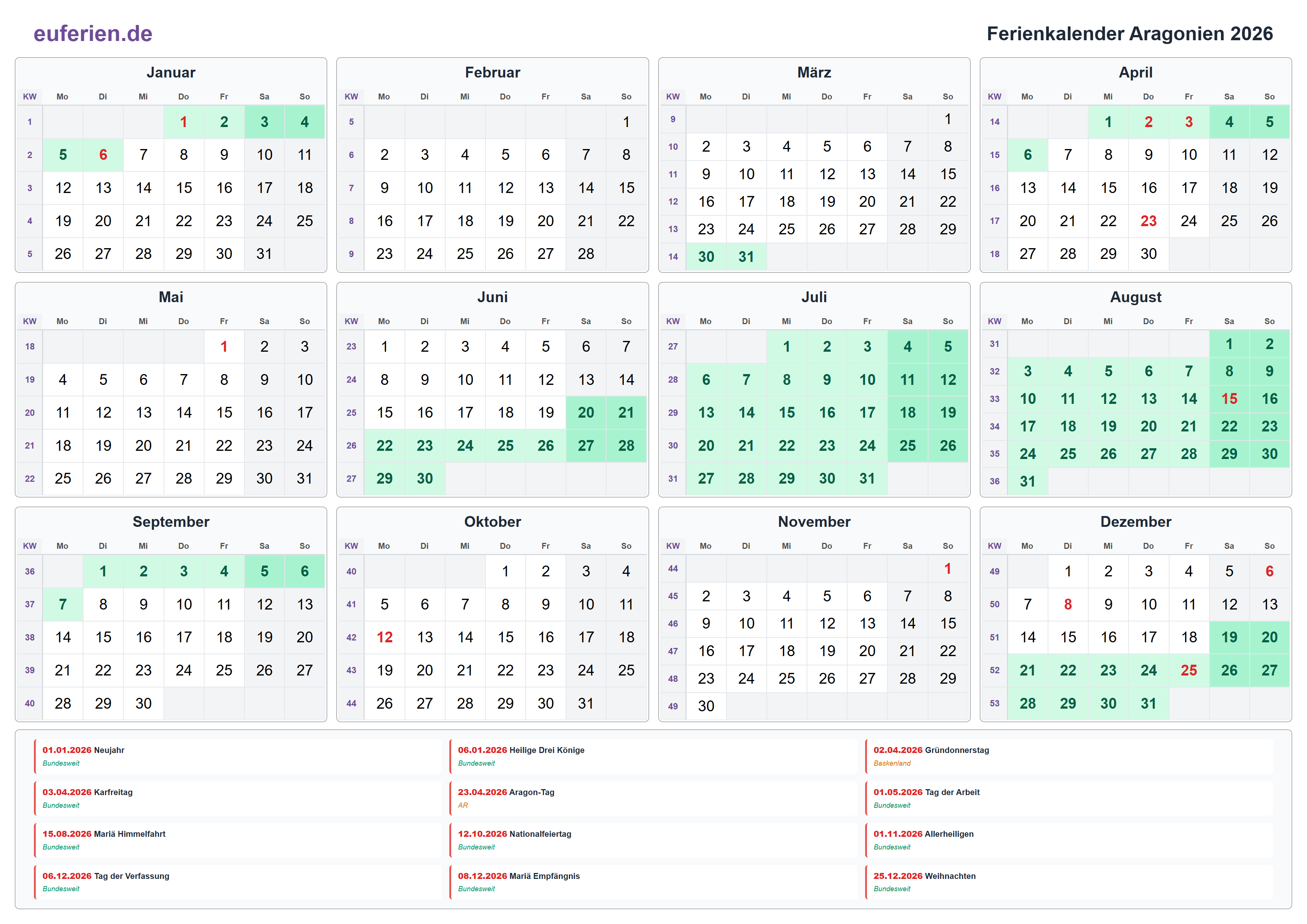 Ferienkalender Aragonien 2026 – Querformat