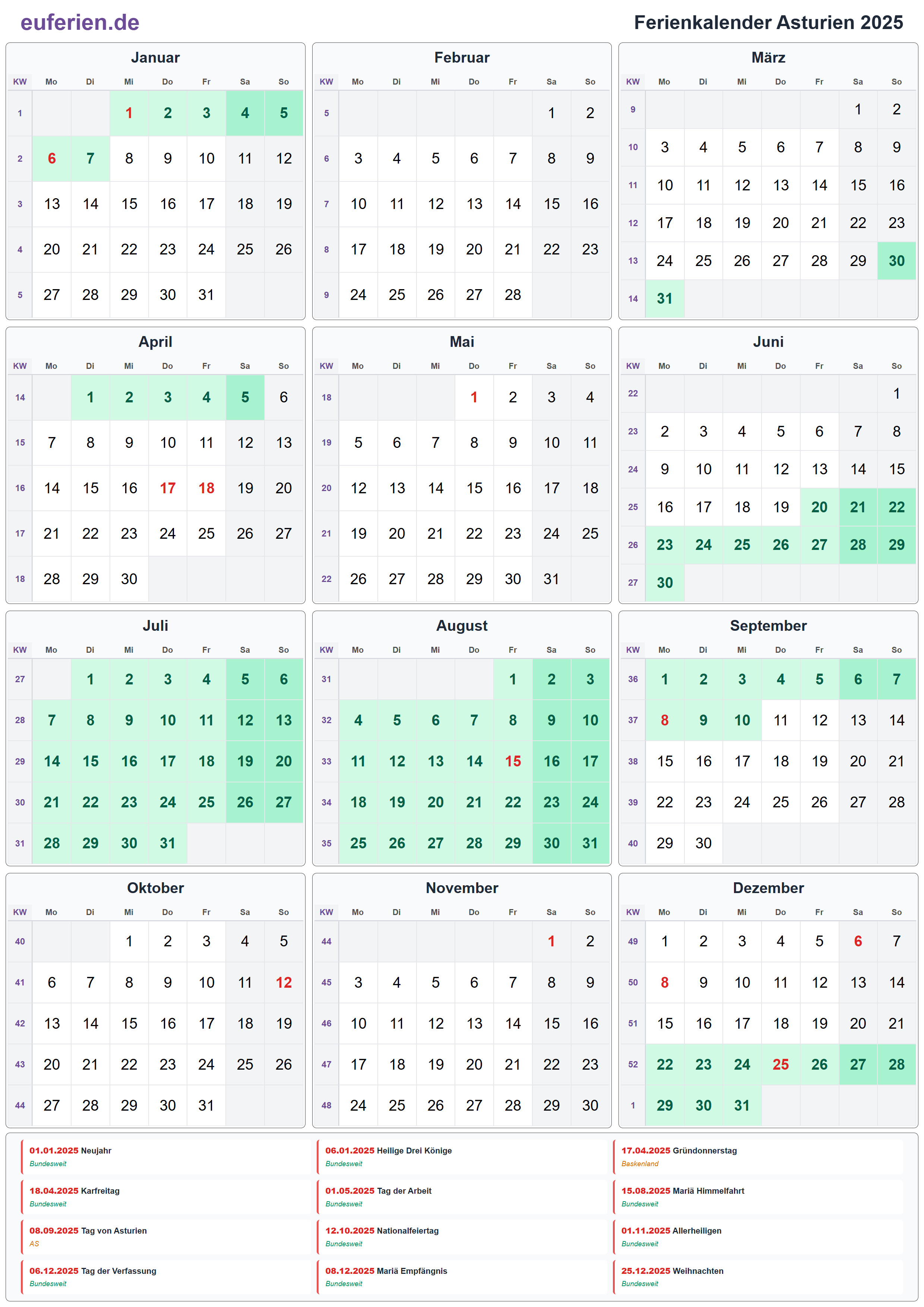 Ferienkalender Asturien 2025 – Hochformat