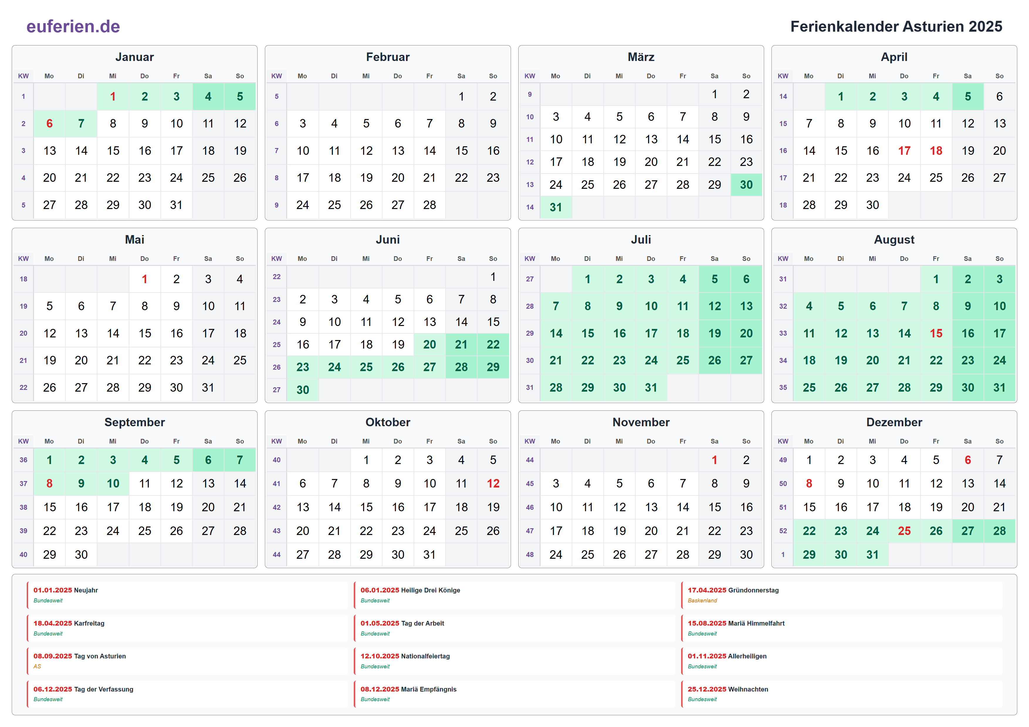 Ferienkalender Asturien 2025 – Querformat