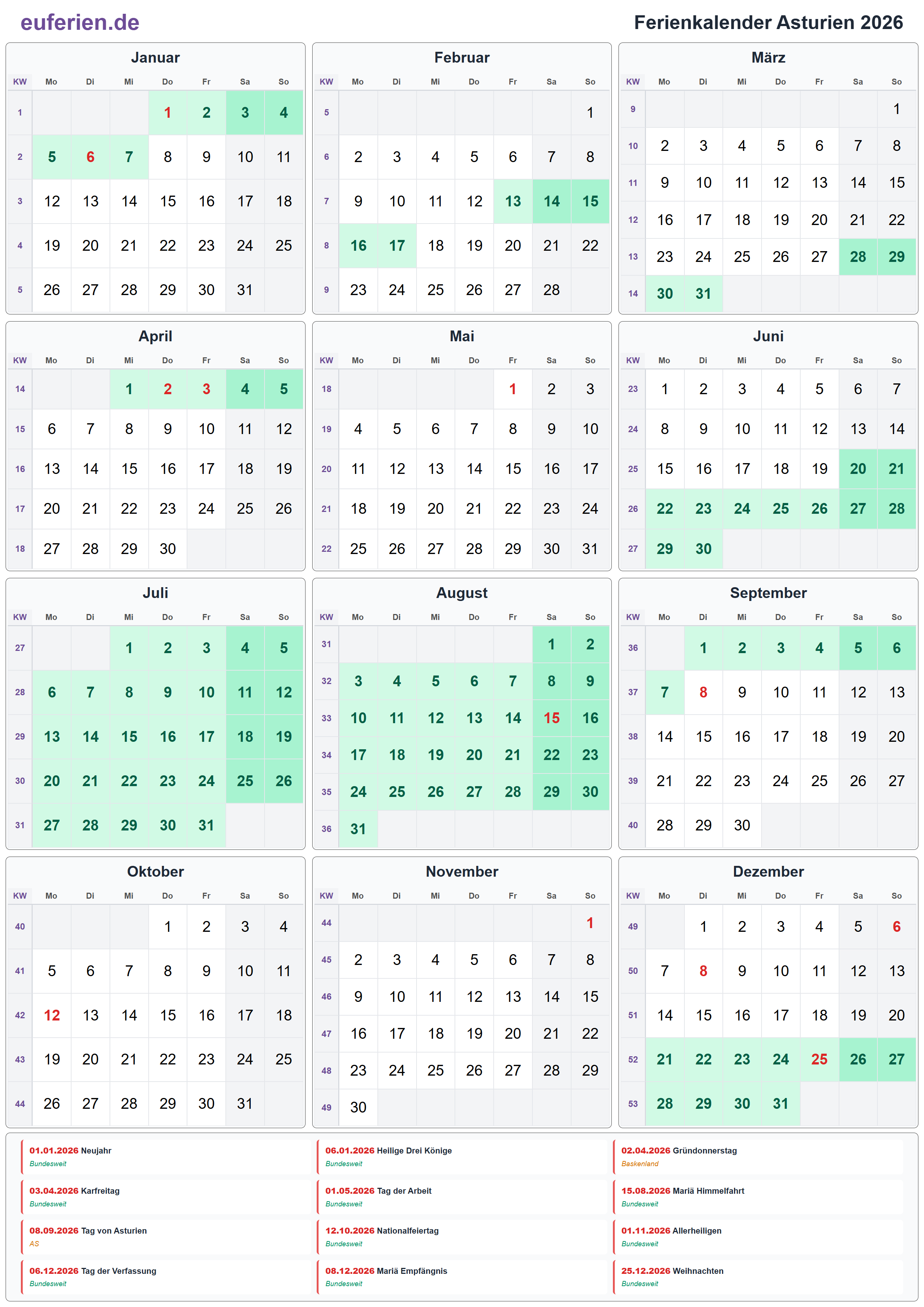 Ferienkalender Asturien 2026 – Hochformat