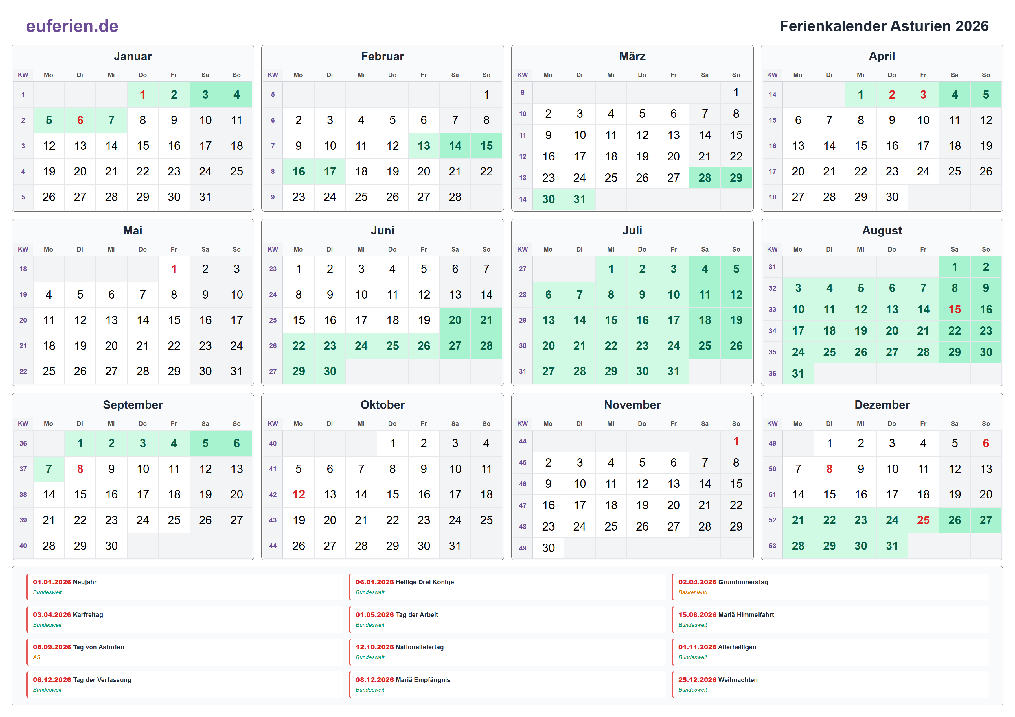 Ferienkalender Asturien 2026 – Querformat