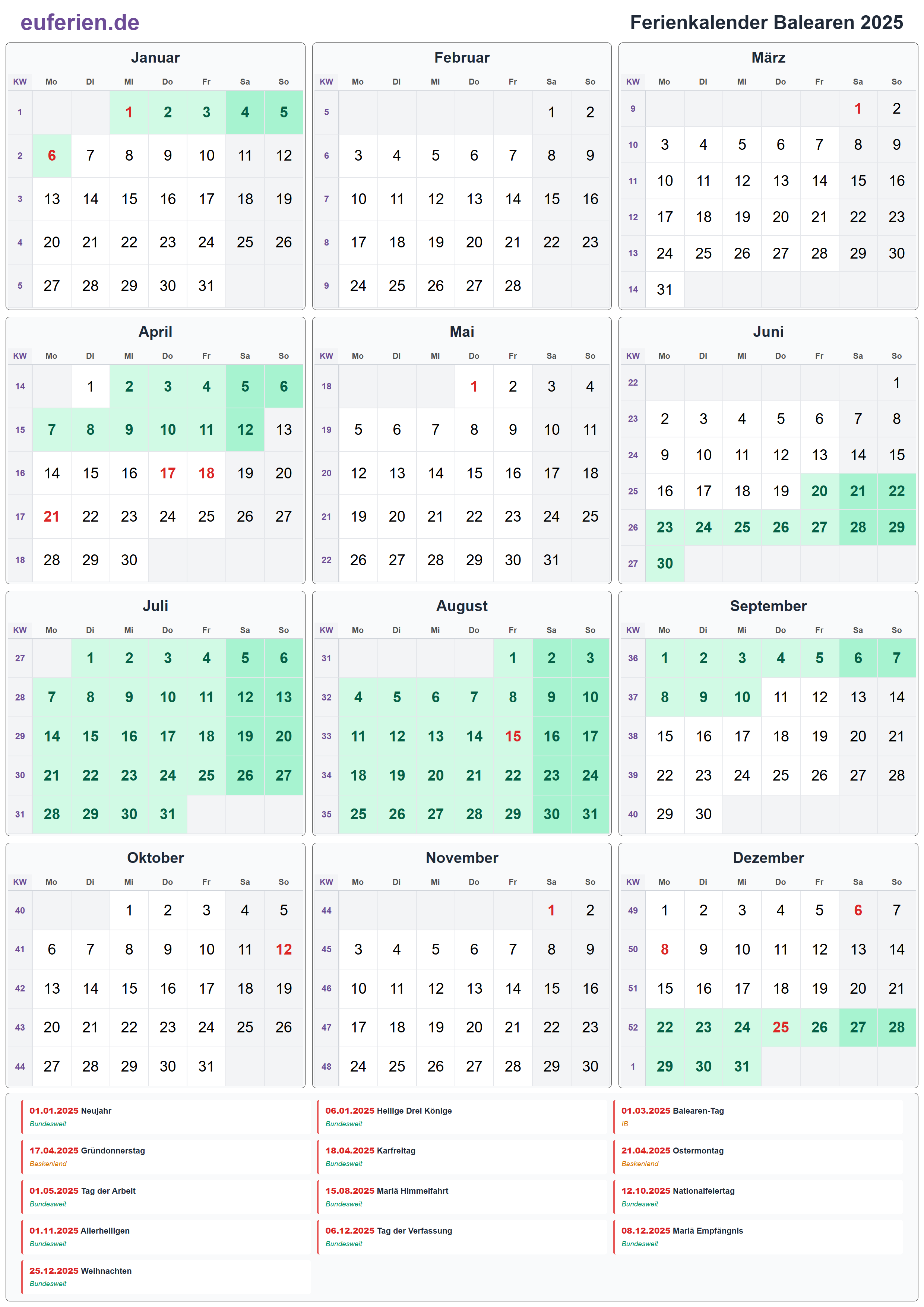 Ferienkalender Balearen 2025 – Hochformat