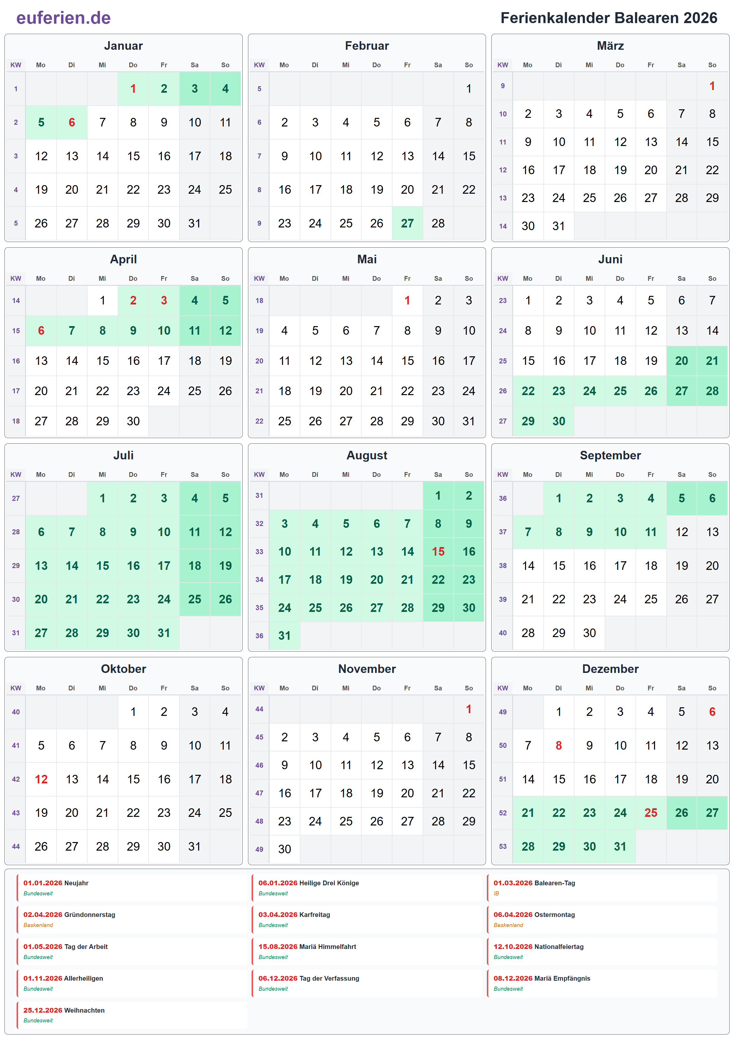 Ferienkalender Balearen 2026 – Hochformat