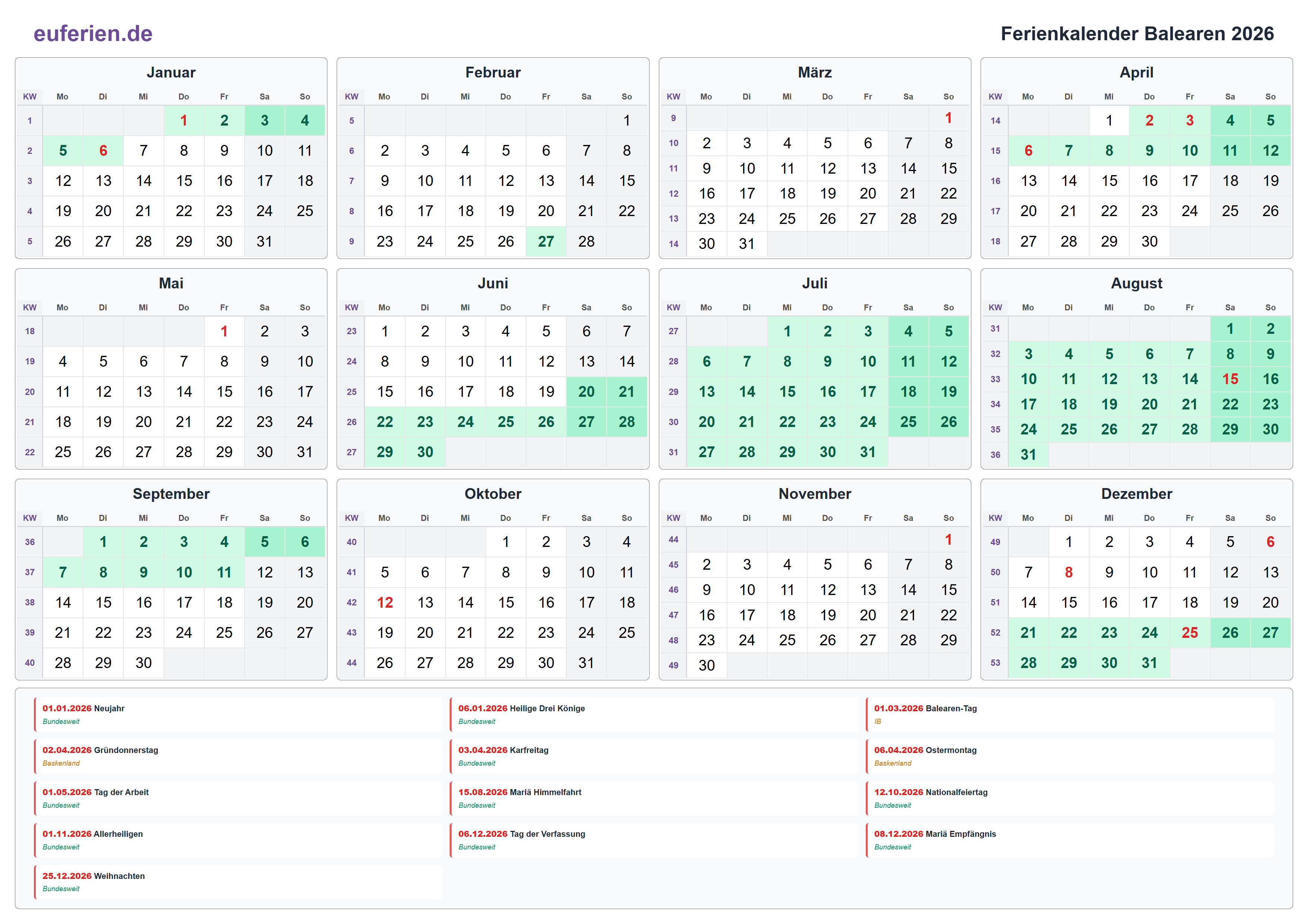 Ferienkalender Balearen 2026 – Querformat