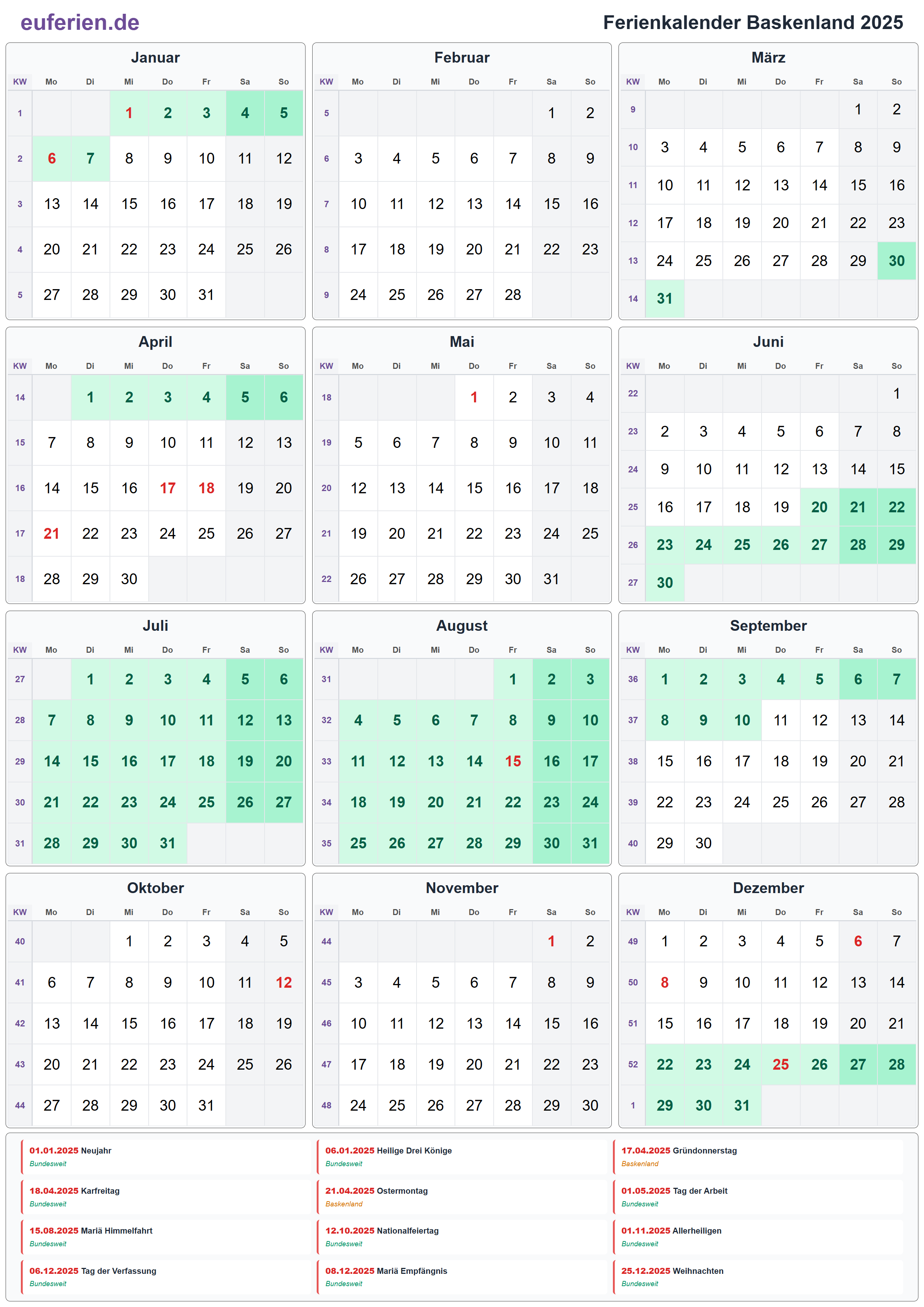 Ferienkalender Baskenland 2025 – Hochformat