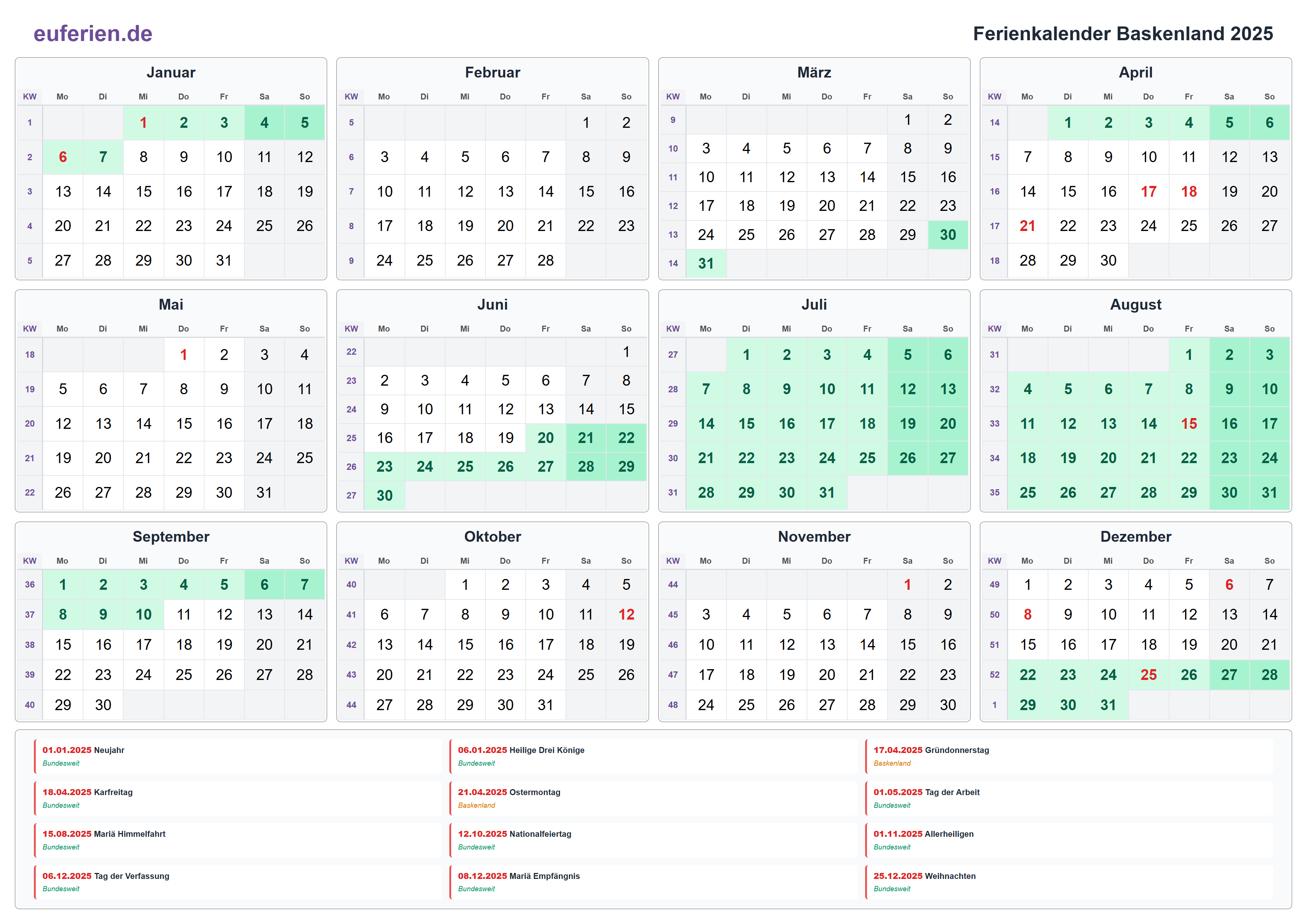 Ferienkalender Baskenland 2025 – Querformat