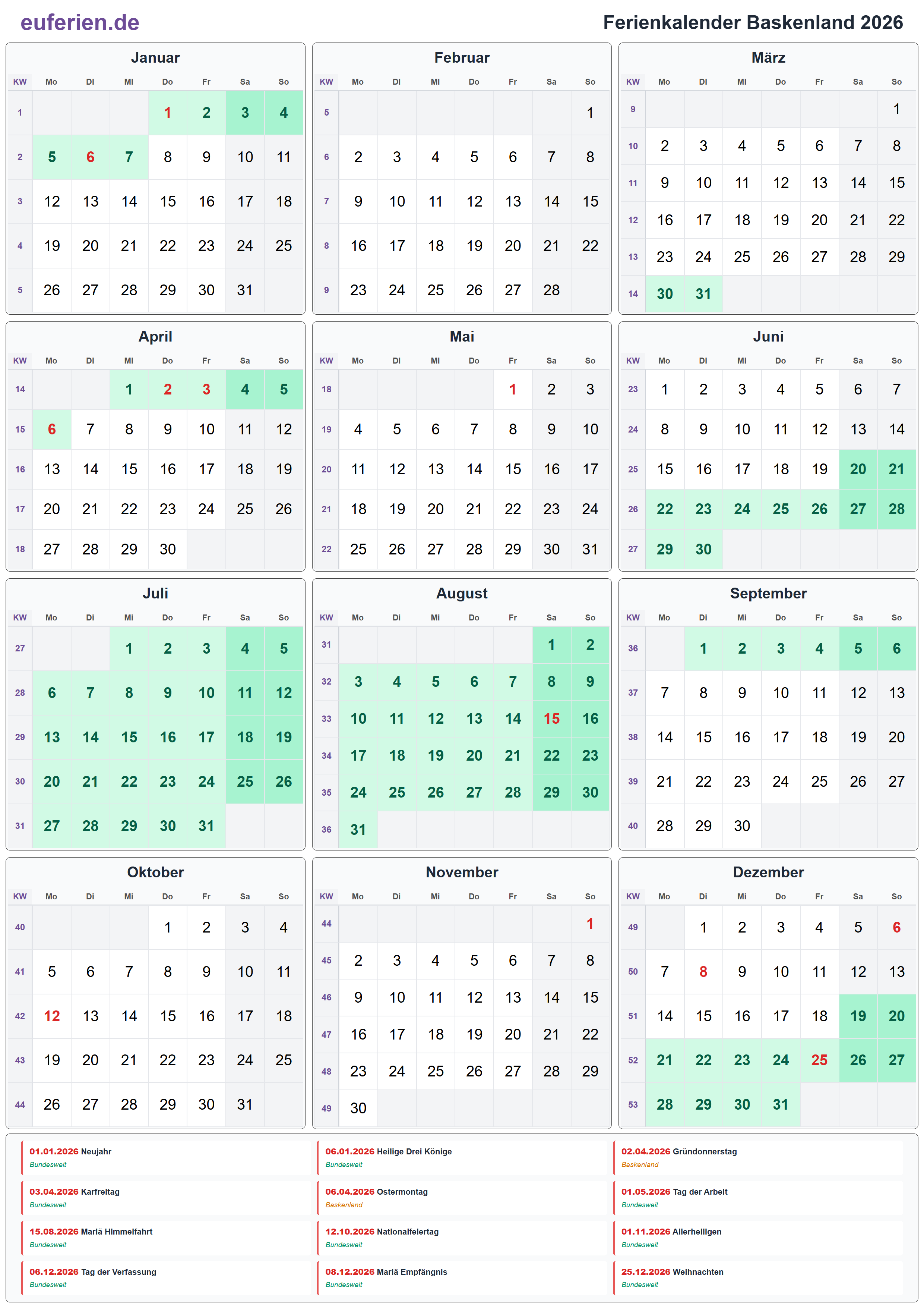Ferienkalender Baskenland 2026 – Hochformat