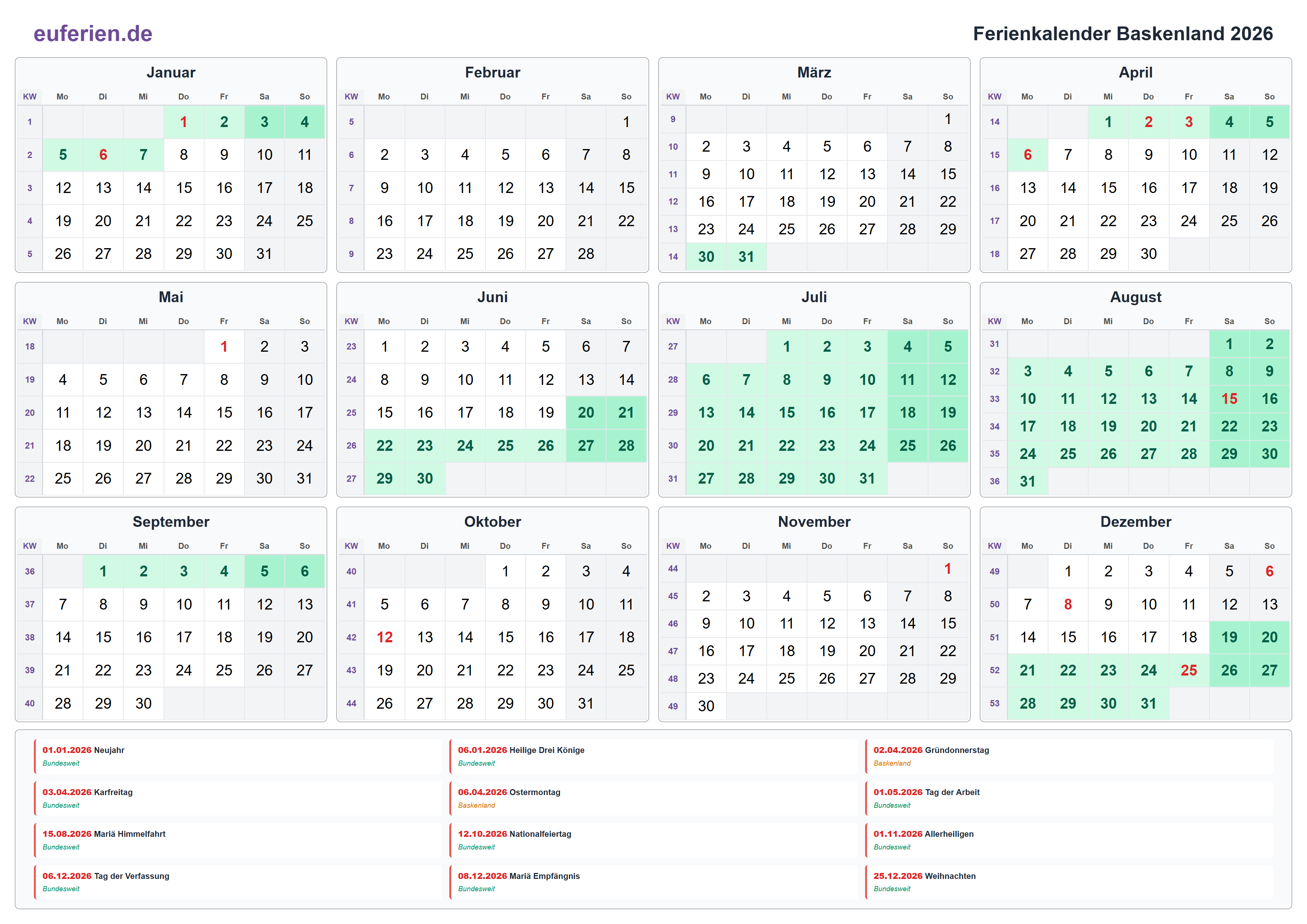 Ferienkalender Baskenland 2026 – Querformat