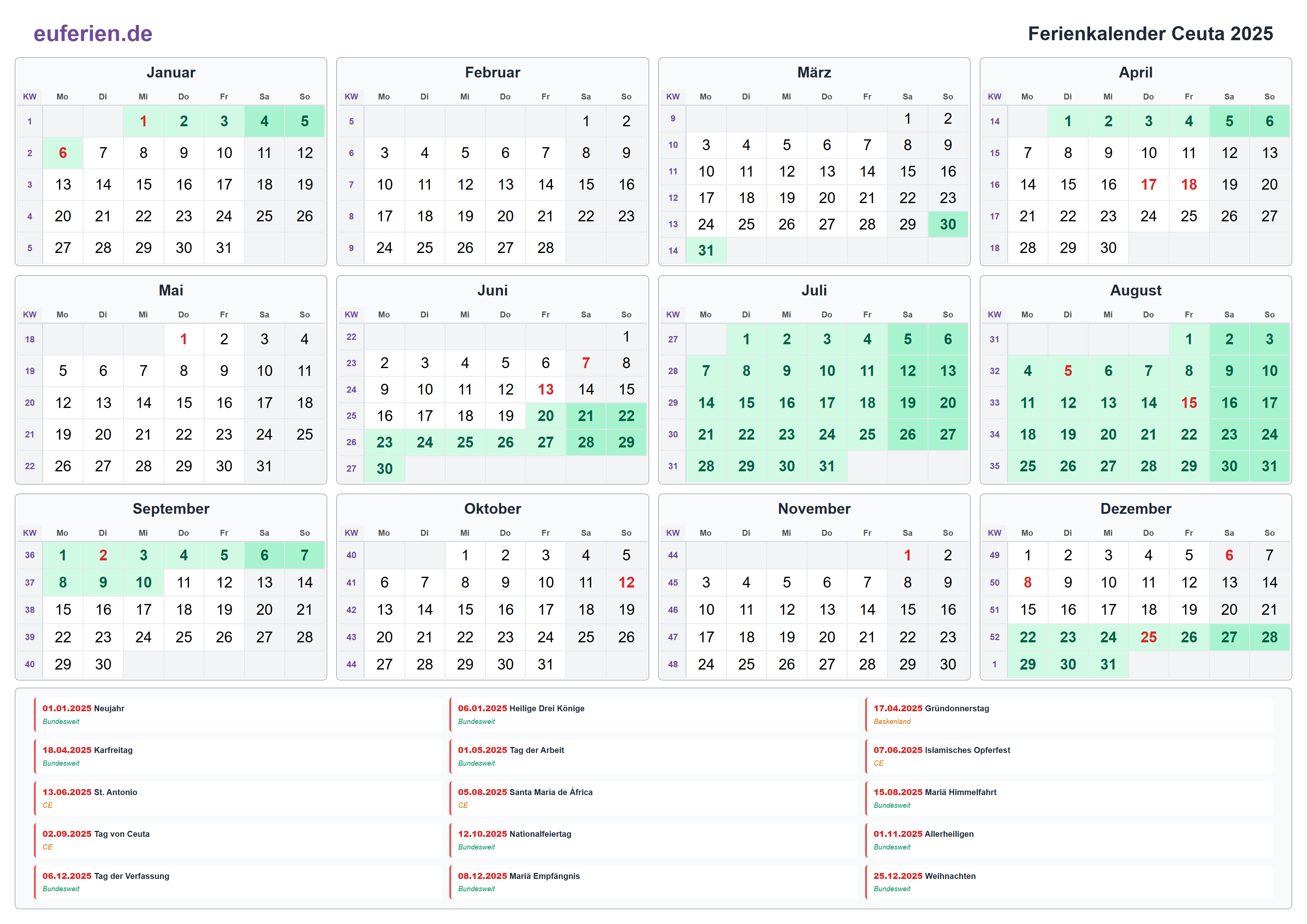 Ferienkalender Ceuta 2025 – Querformat