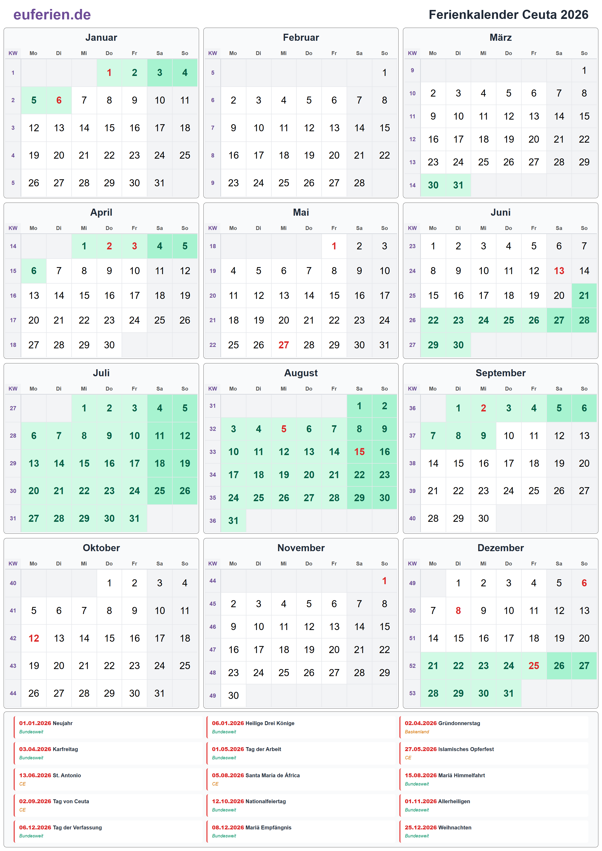 Ferienkalender Ceuta 2026 – Hochformat
