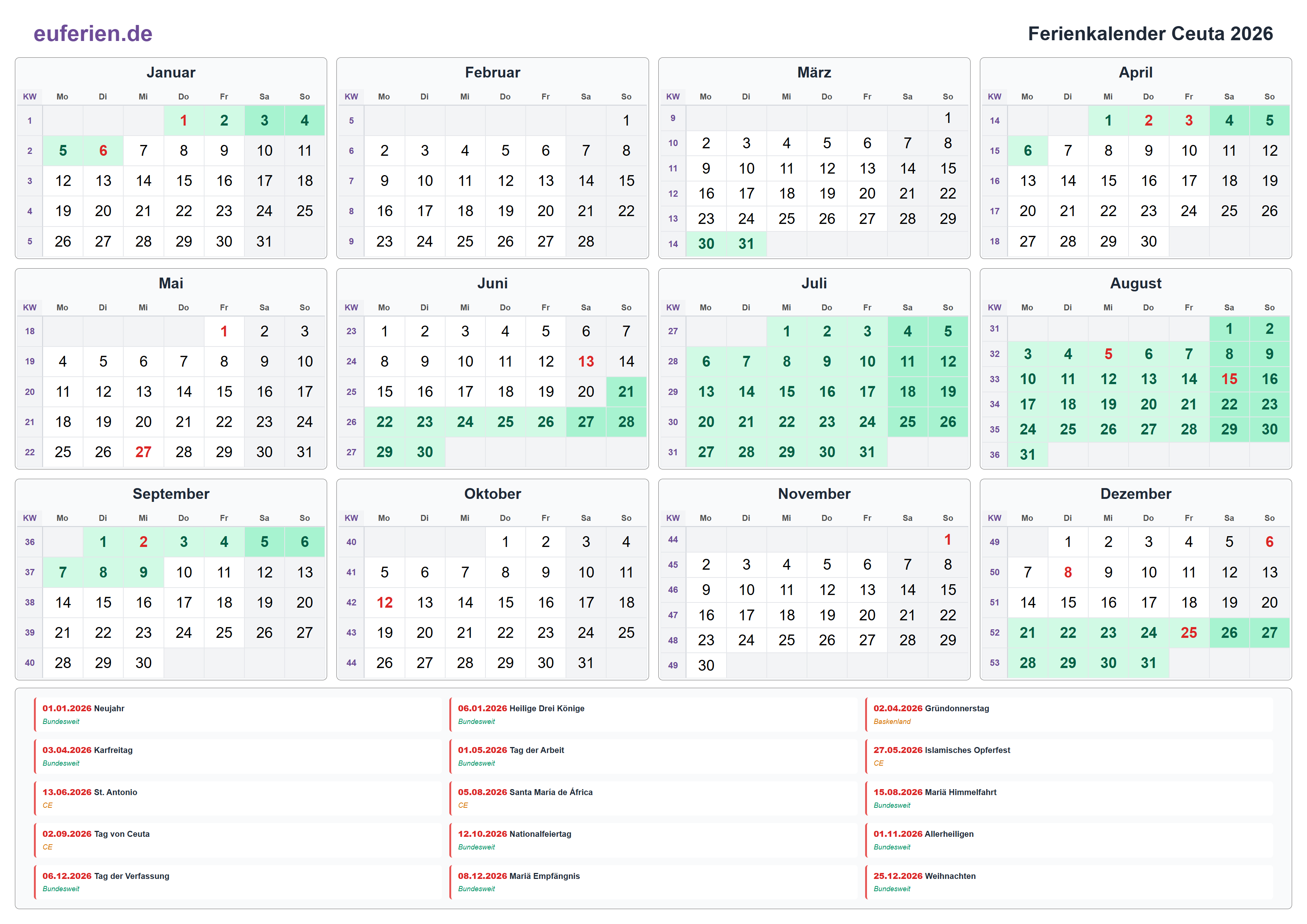 Ferienkalender Ceuta 2026 – Querformat