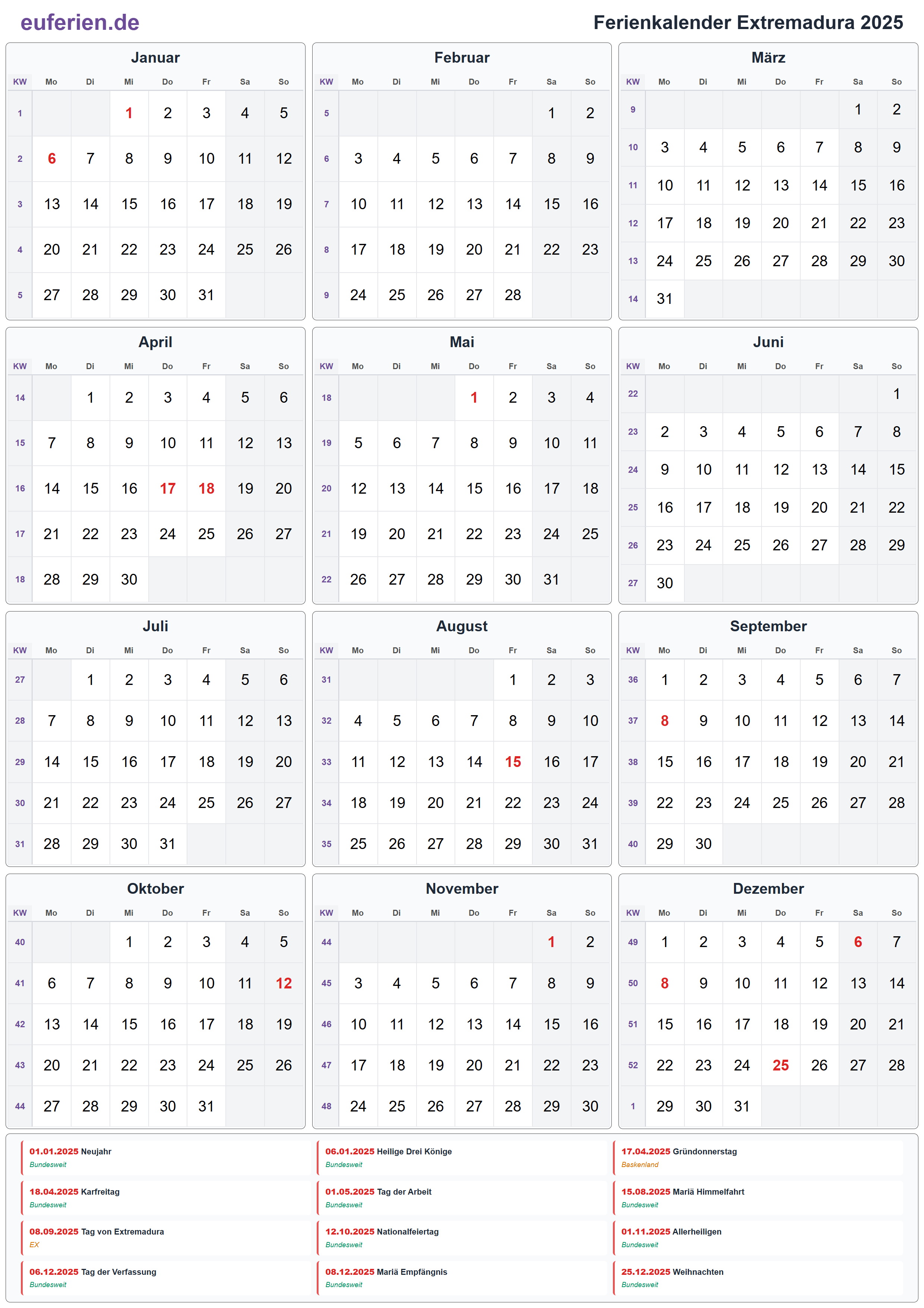 Ferienkalender Extremadura 2025 – Hochformat