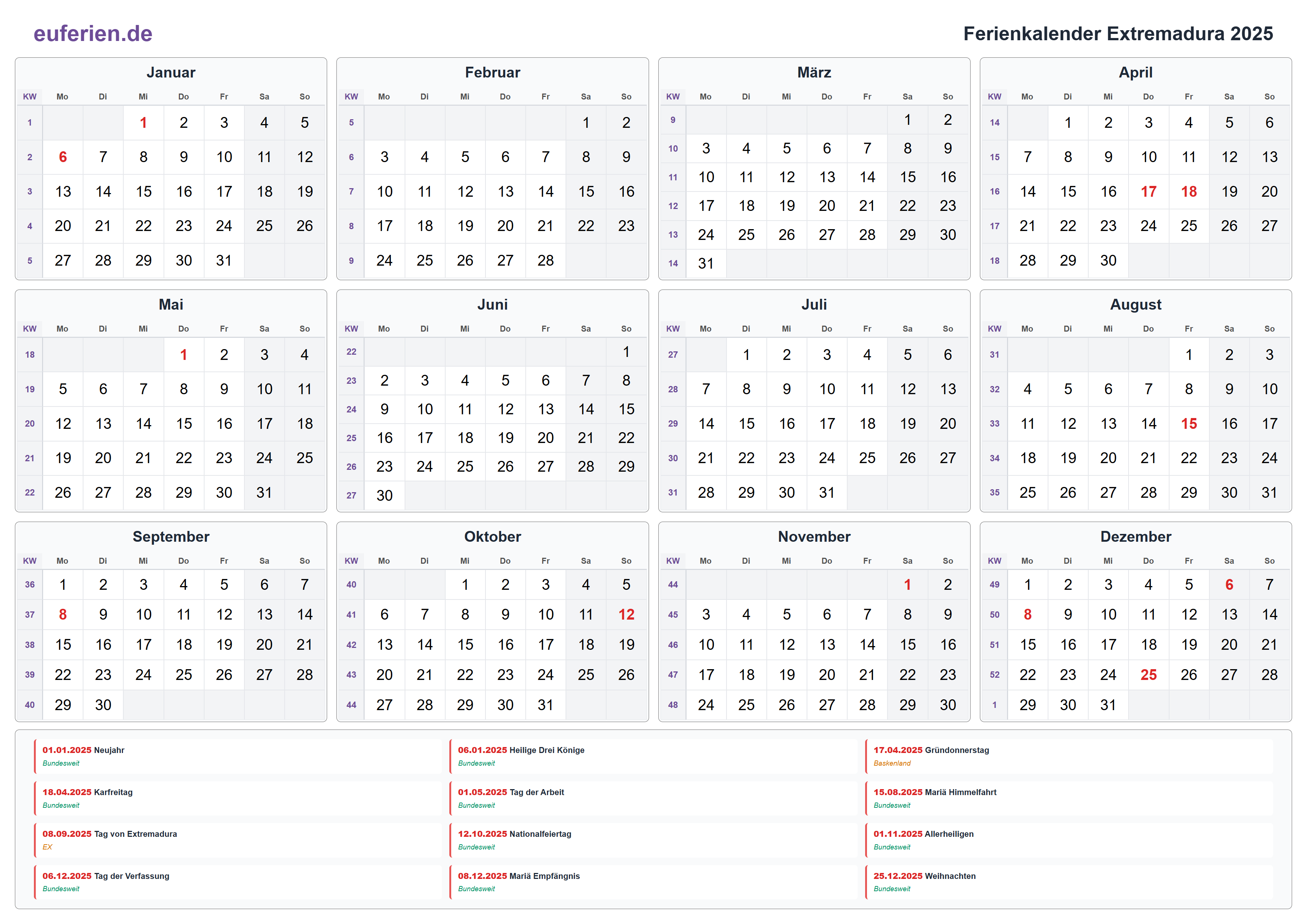 Ferienkalender Extremadura 2025 – Querformat