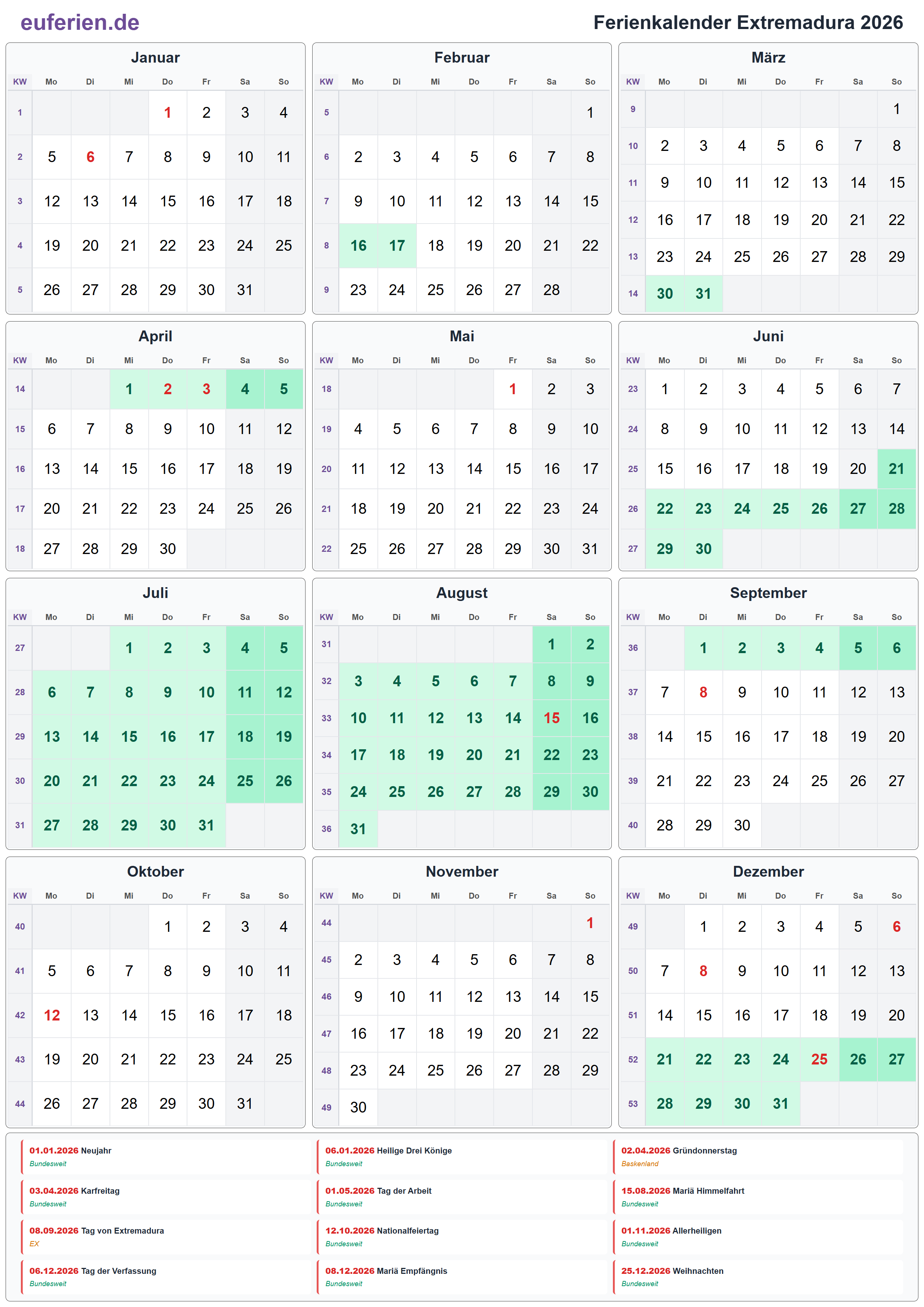 Ferienkalender Extremadura 2026 – Hochformat