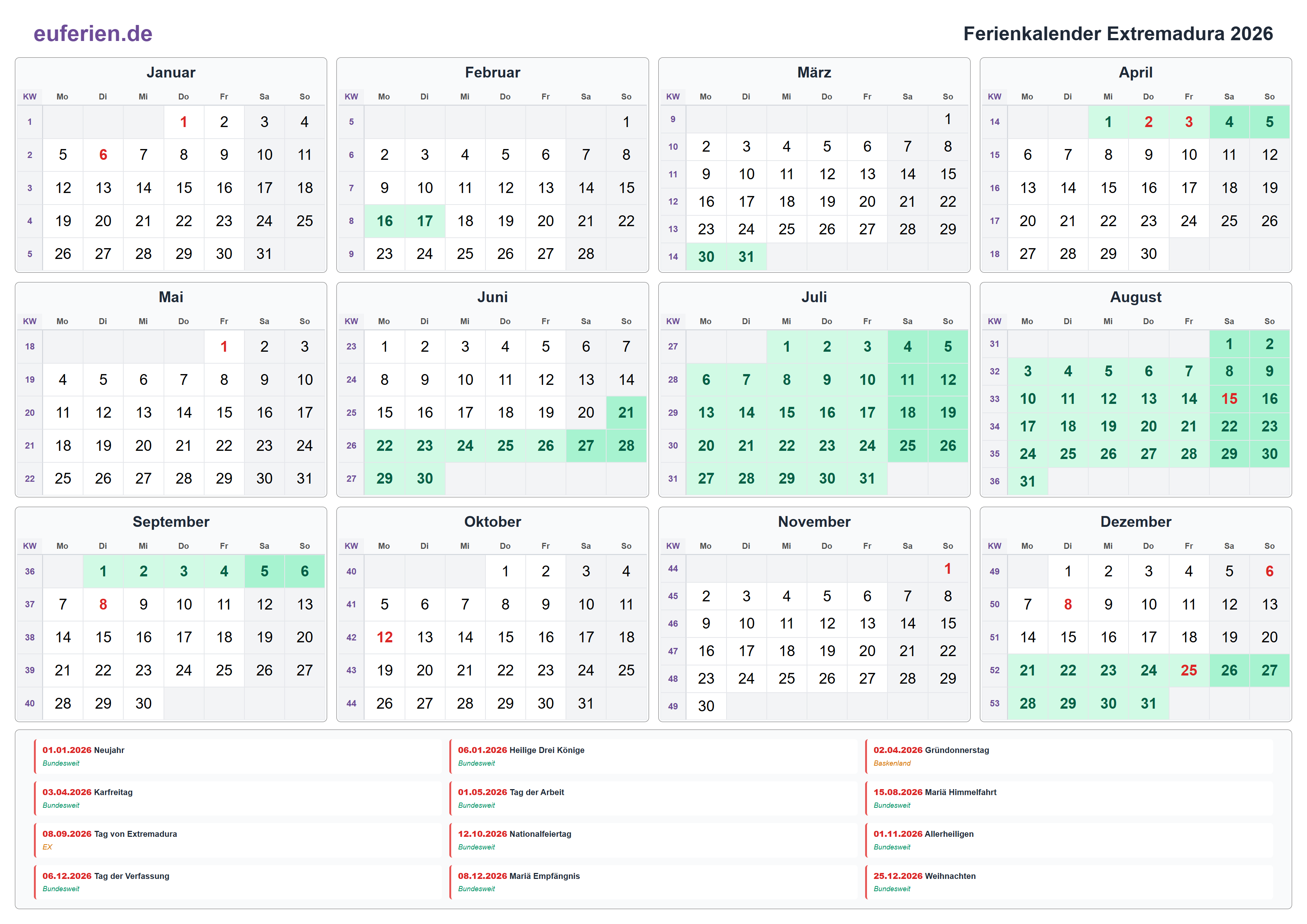 Ferienkalender Extremadura 2026 – Querformat