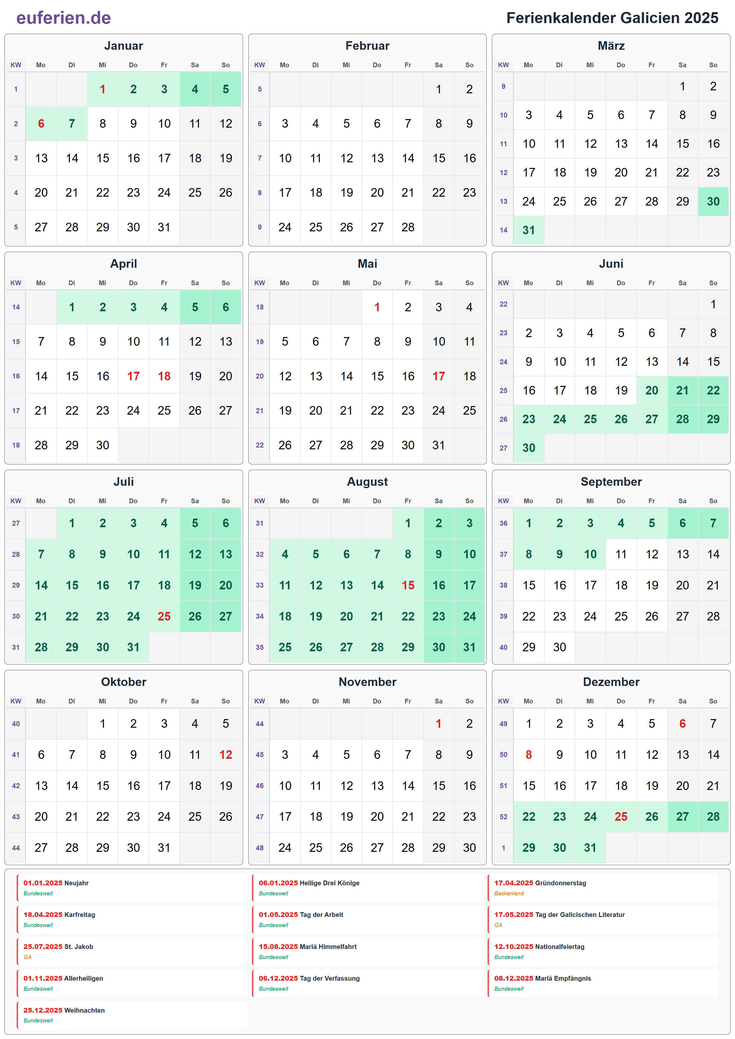 Ferienkalender Galicien 2025 – Hochformat