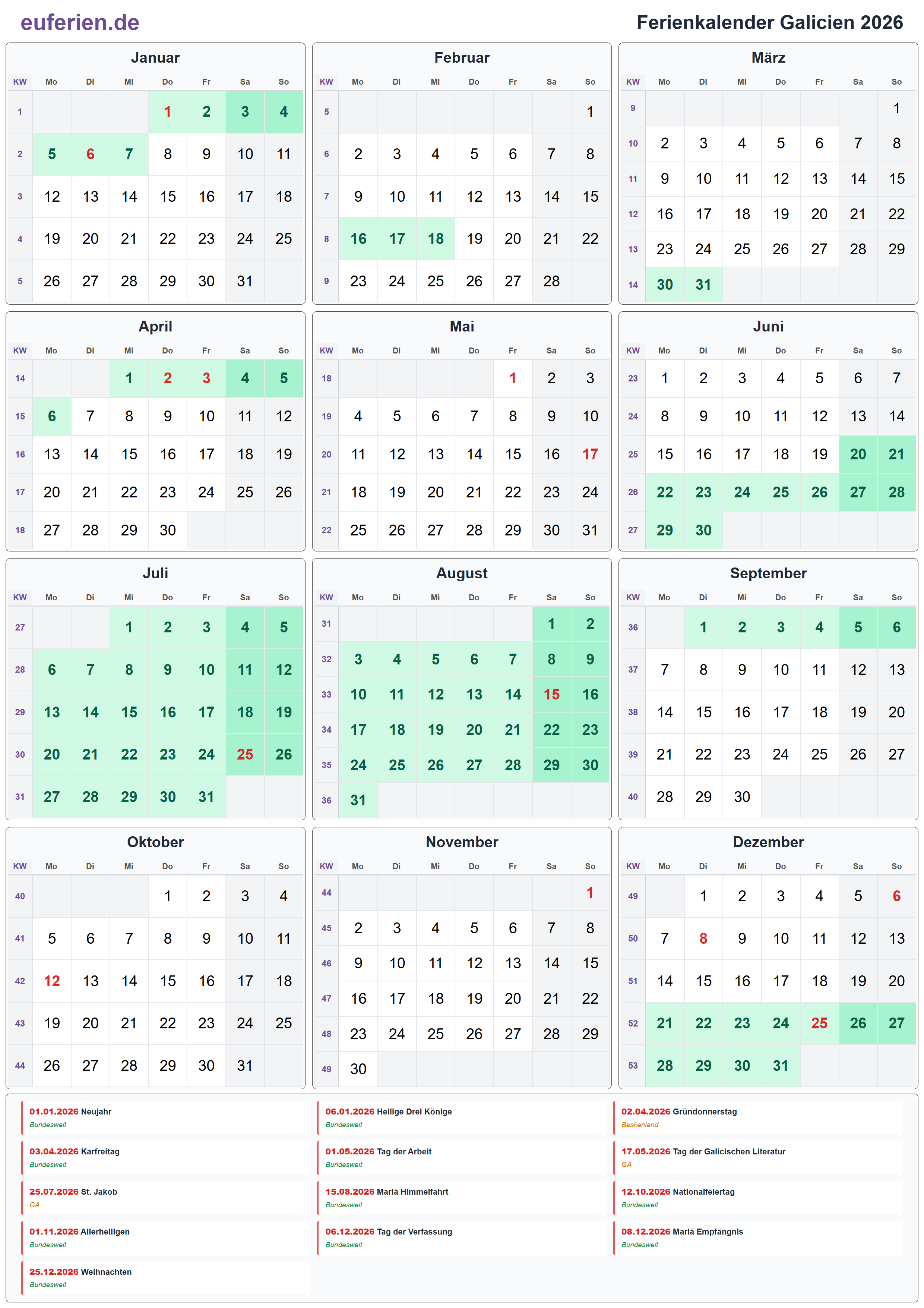 Ferienkalender Galicien 2026 – Hochformat