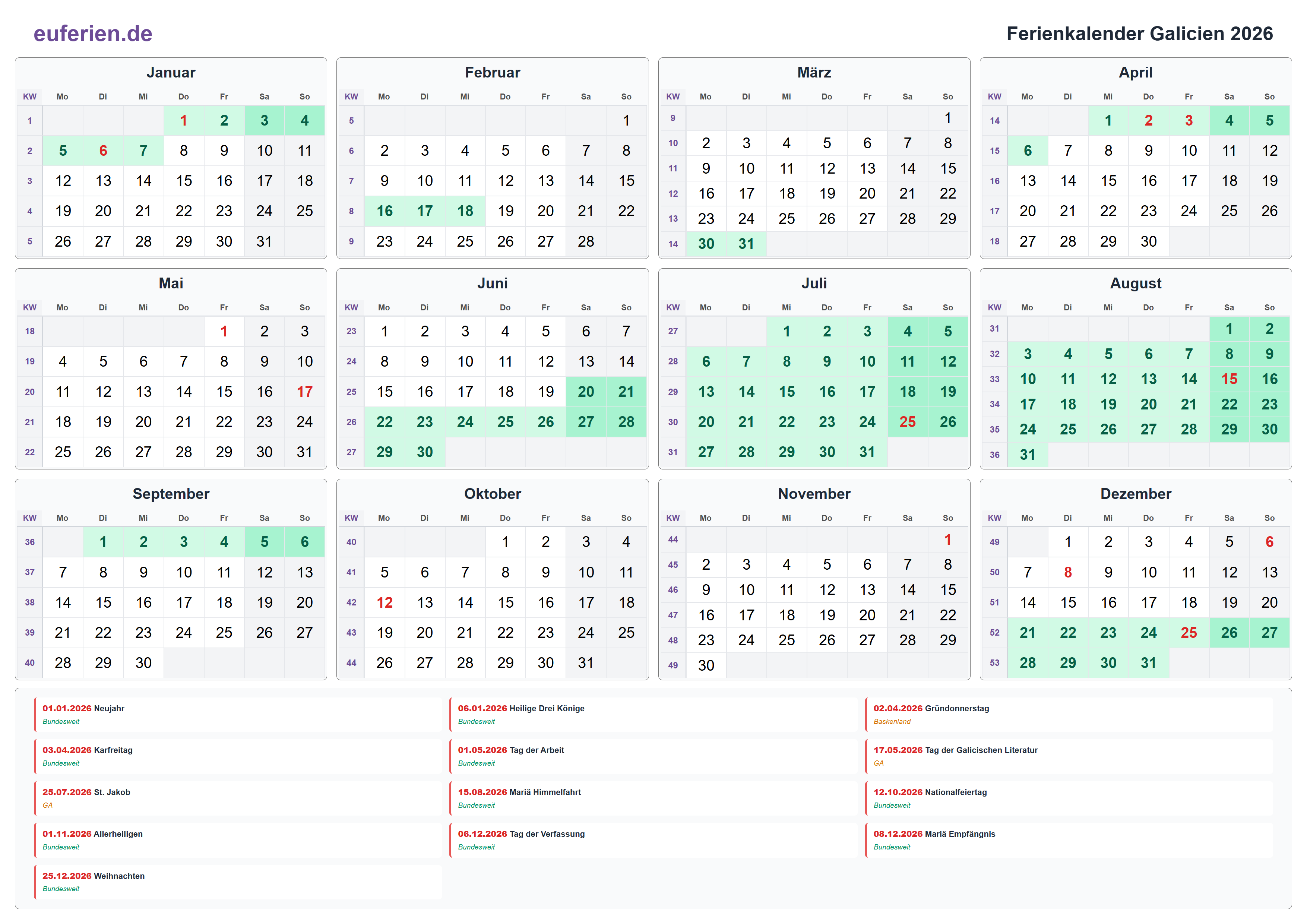 Ferienkalender Galicien 2026 – Querformat