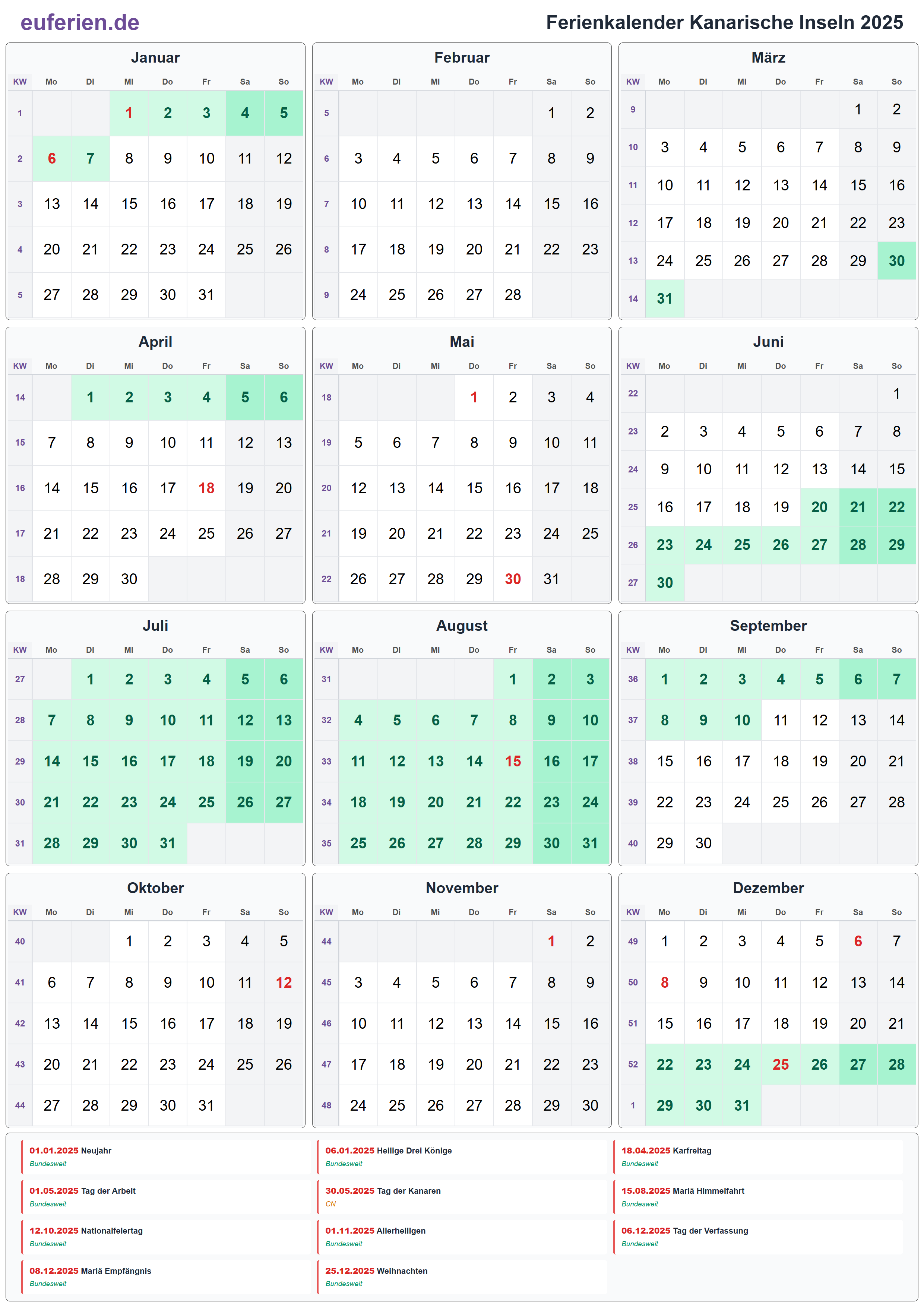 Ferienkalender Kanarische Inseln 2025 – Hochformat