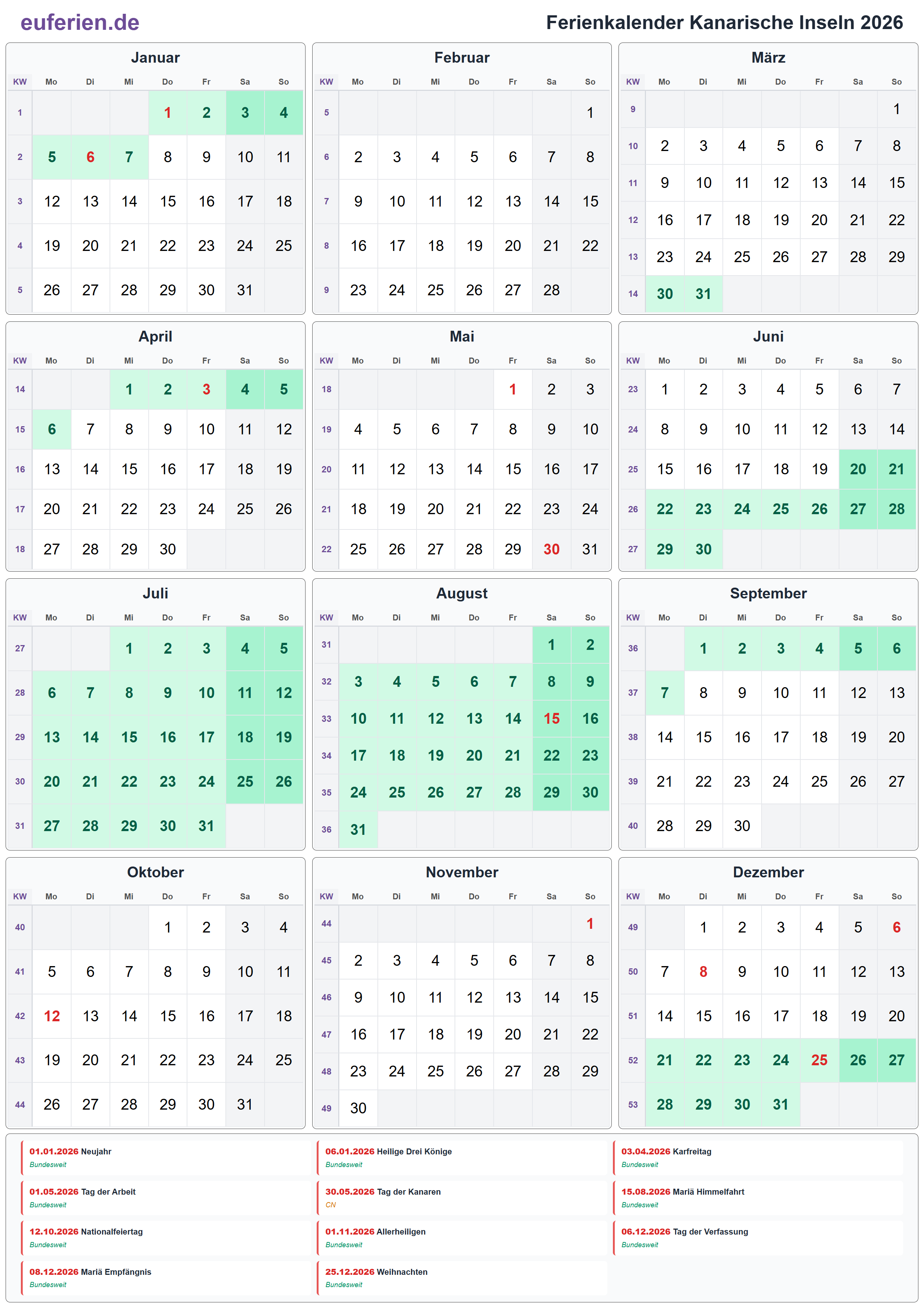 Ferienkalender Kanarische Inseln 2026 – Hochformat