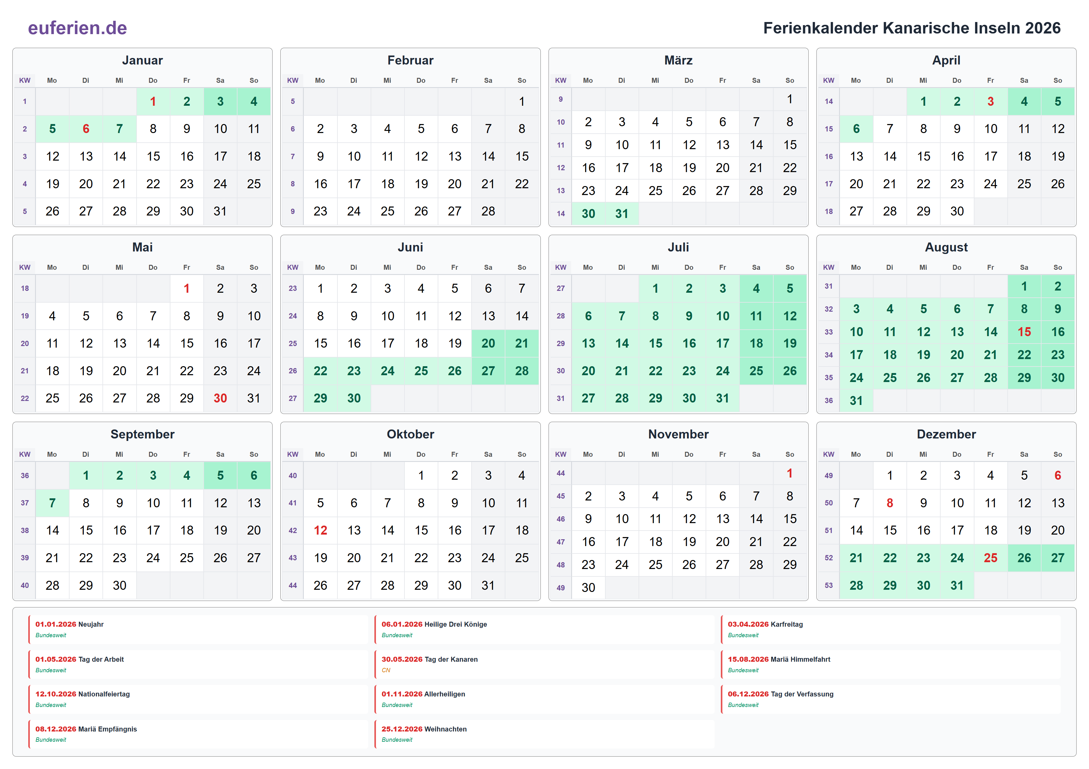 Ferienkalender Kanarische Inseln 2026 – Querformat
