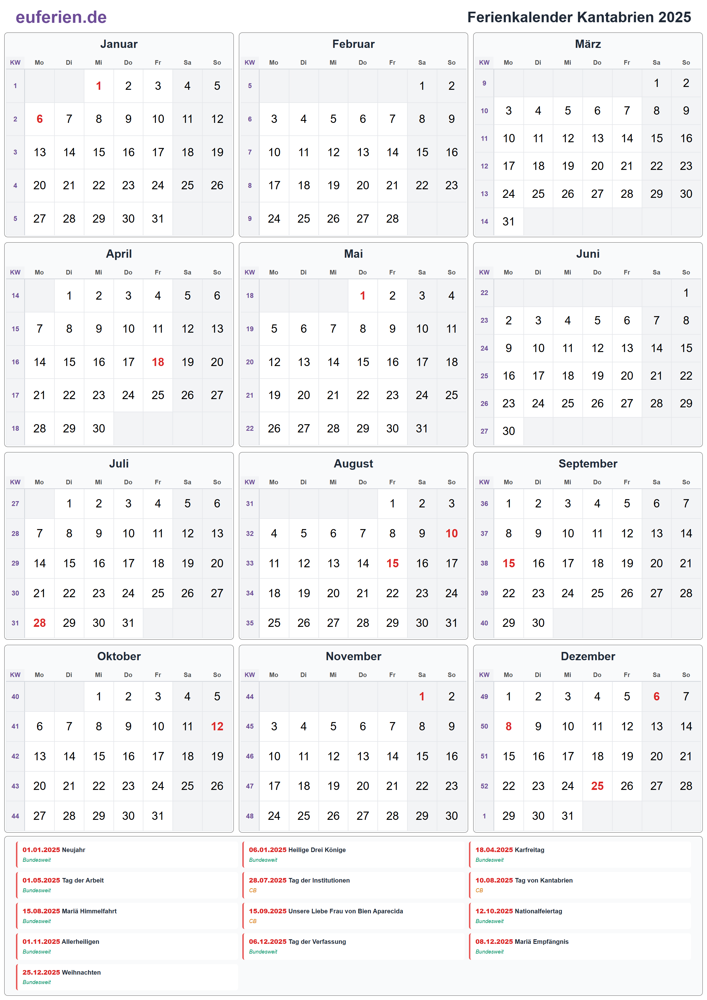 Ferienkalender Kantabrien 2025 – Hochformat