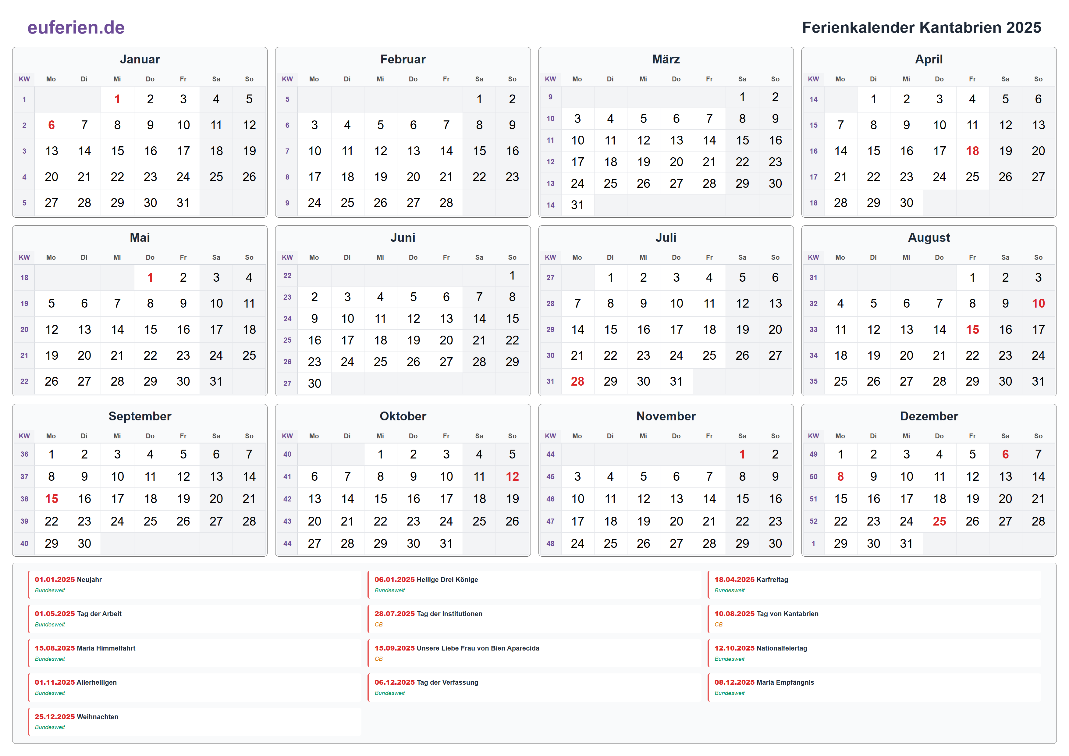 Ferienkalender Kantabrien 2025 – Querformat