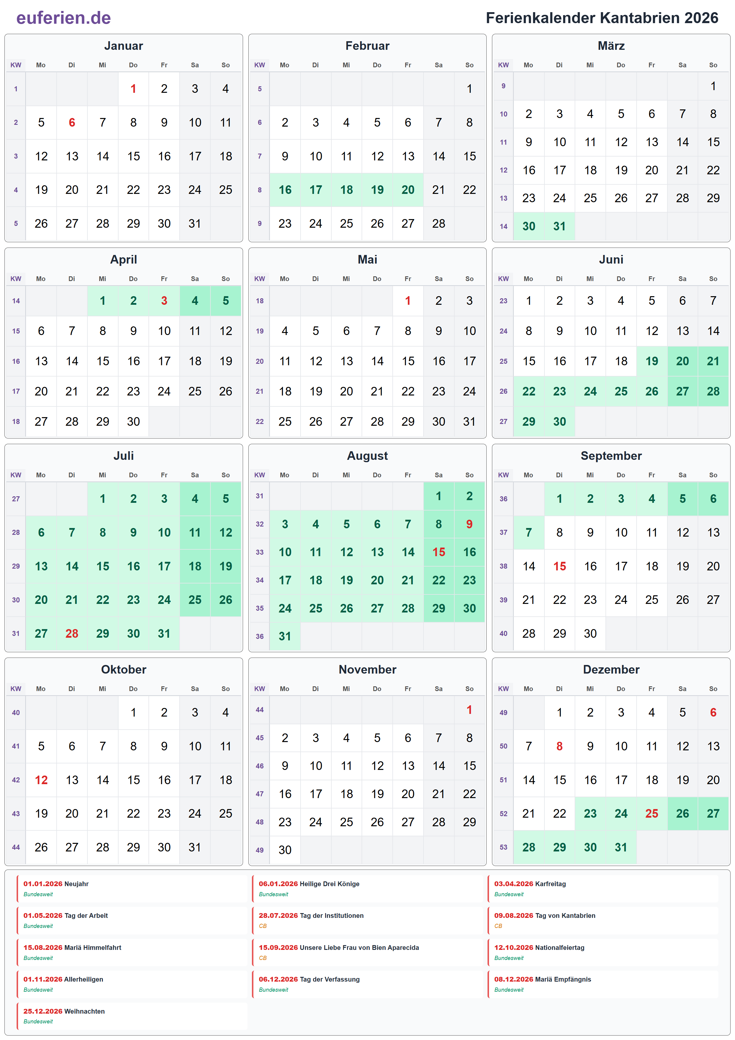 Ferienkalender Kantabrien 2026 – Hochformat