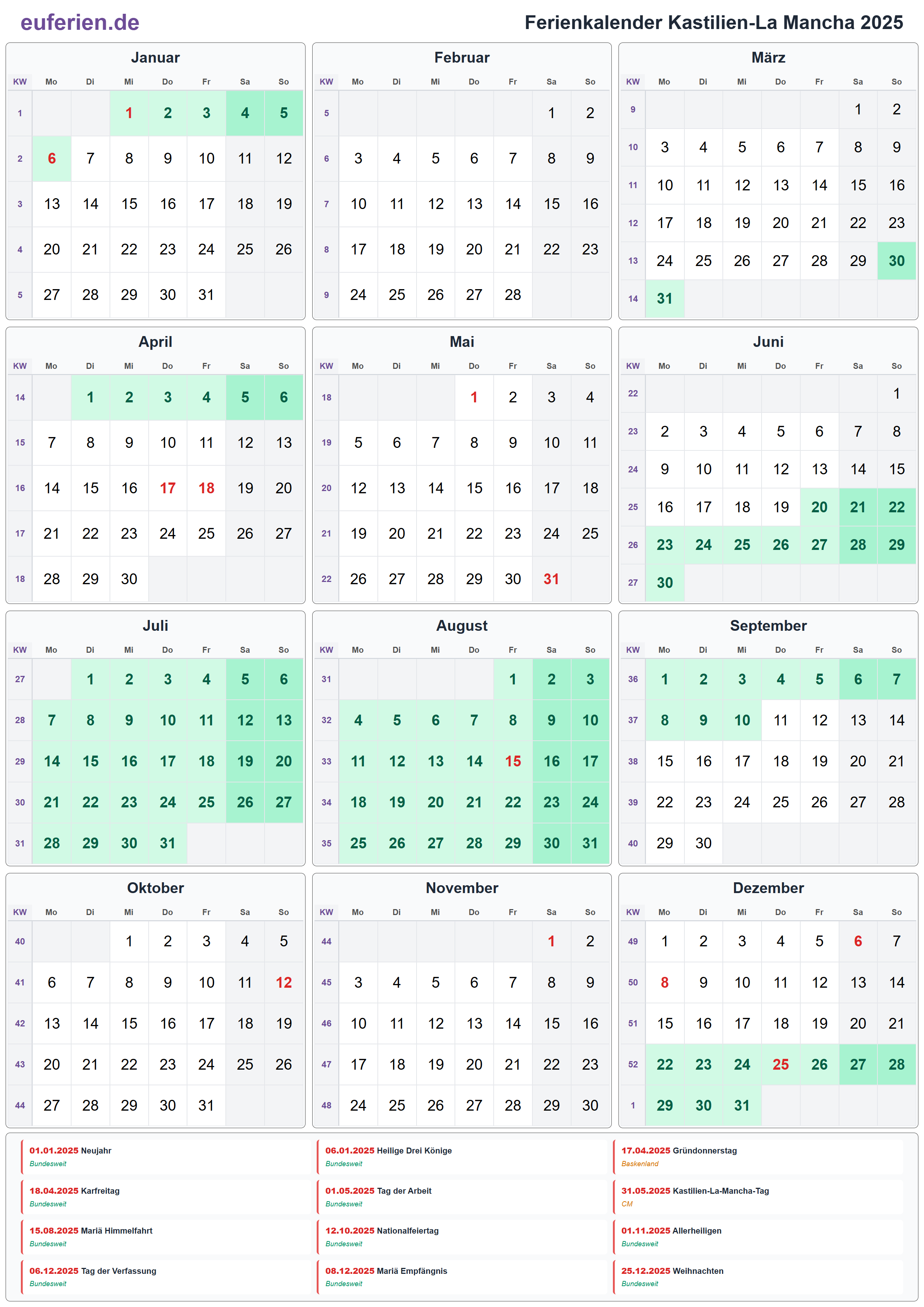 Ferienkalender Kastilien-La Mancha 2025 – Hochformat