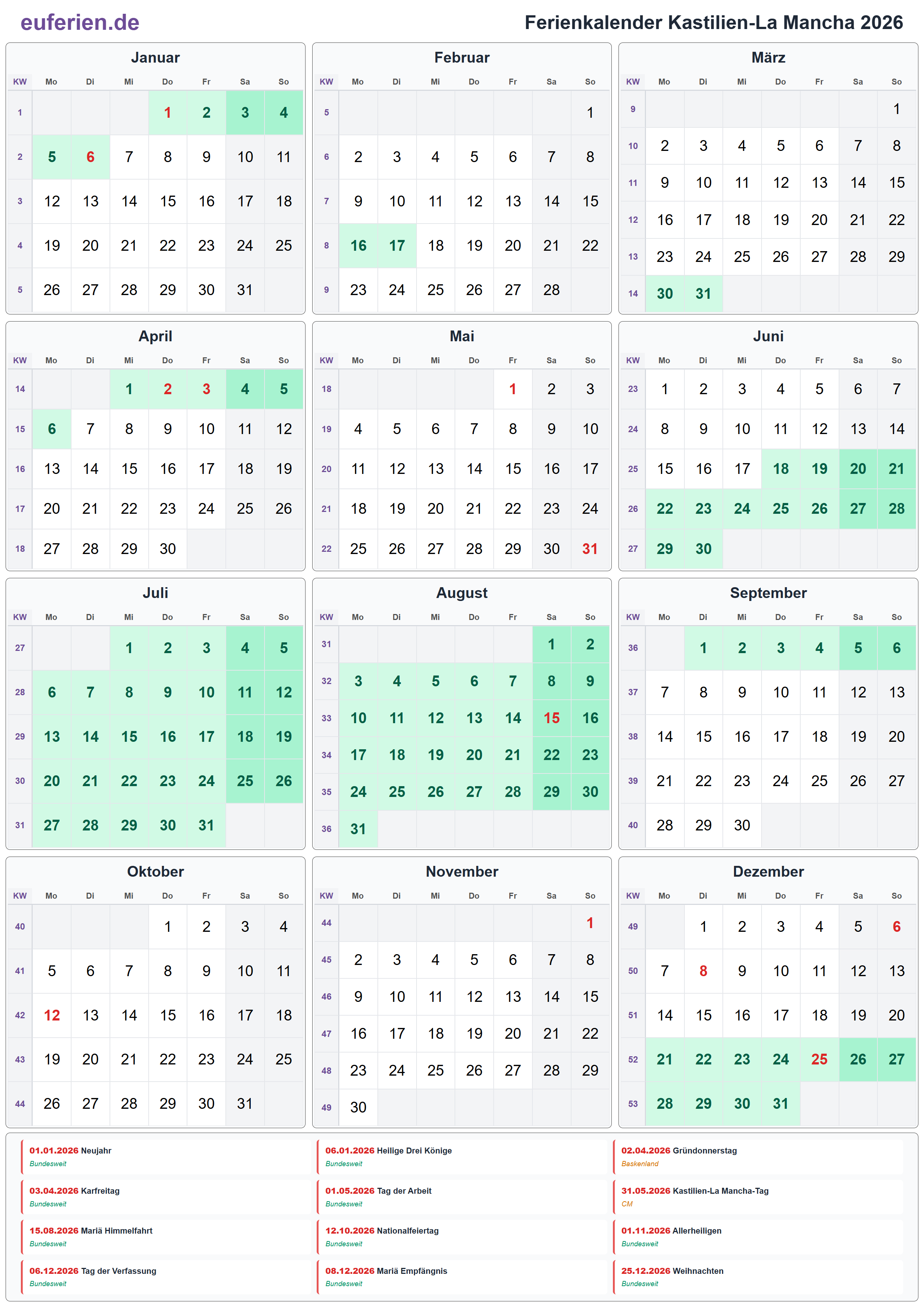 Ferienkalender Kastilien-La Mancha 2026 – Hochformat