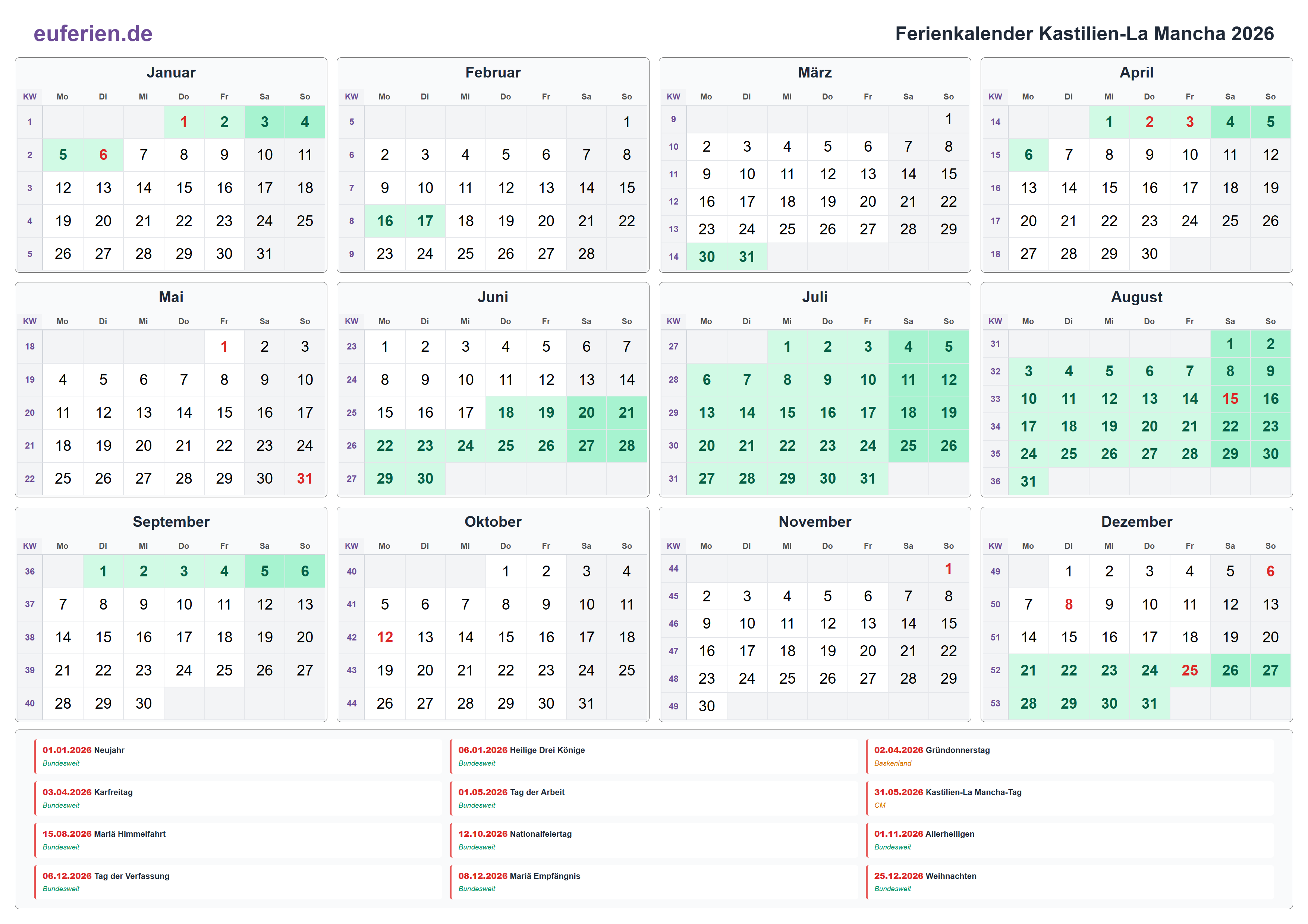 Ferienkalender Kastilien-La Mancha 2026 – Querformat