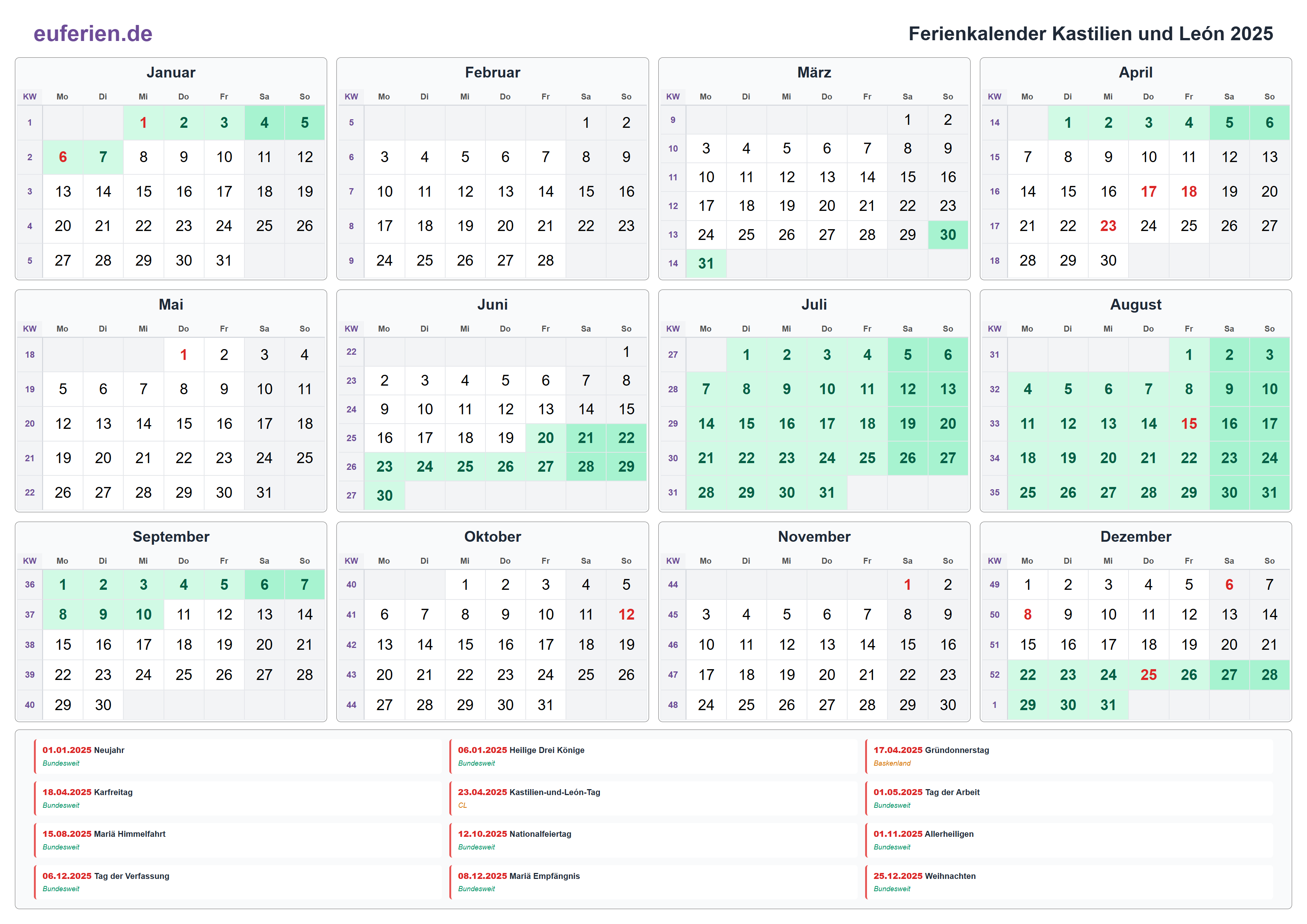 Ferienkalender Kastilien und León 2025 – Querformat