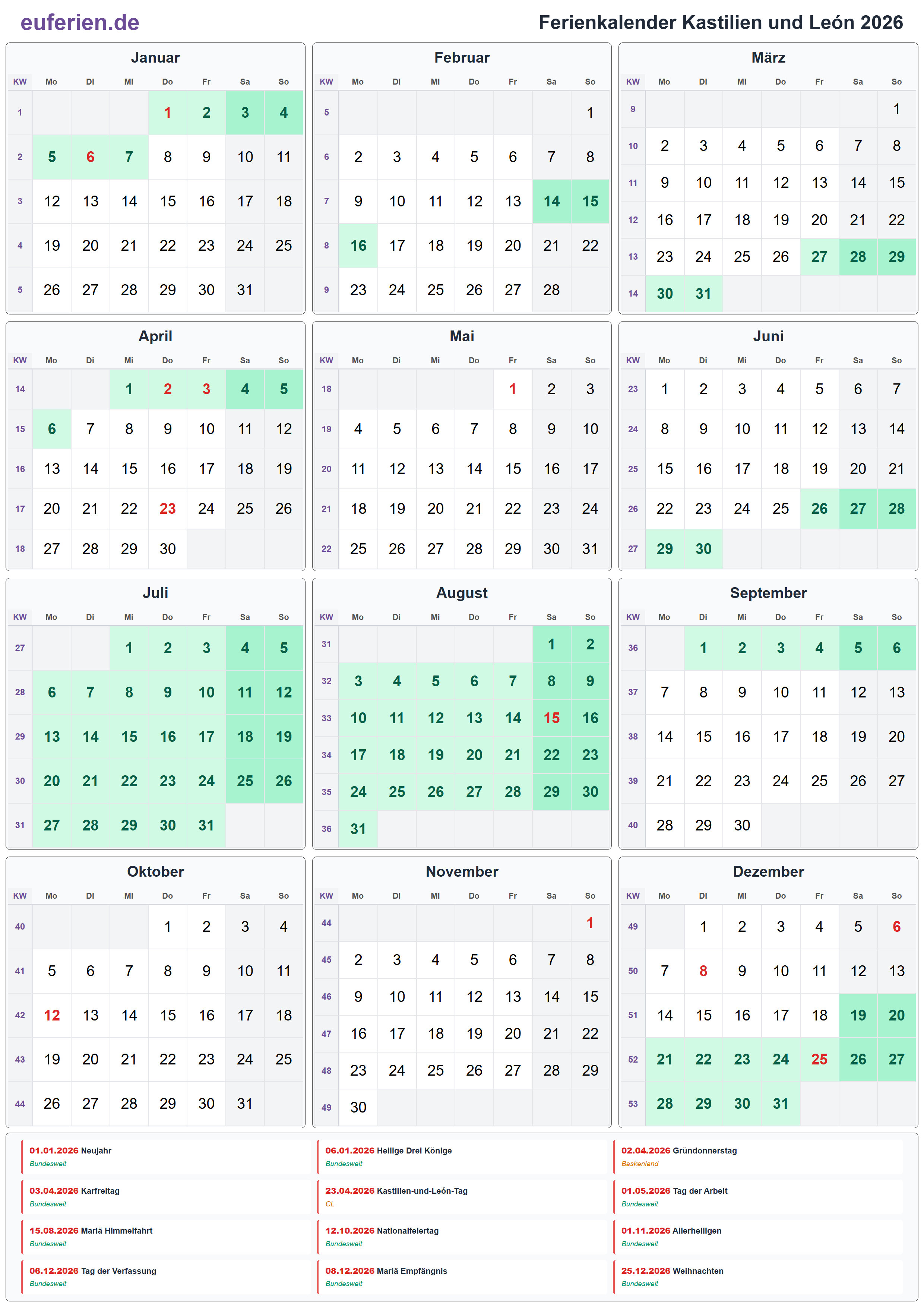 Ferienkalender Kastilien und León 2026 – Hochformat
