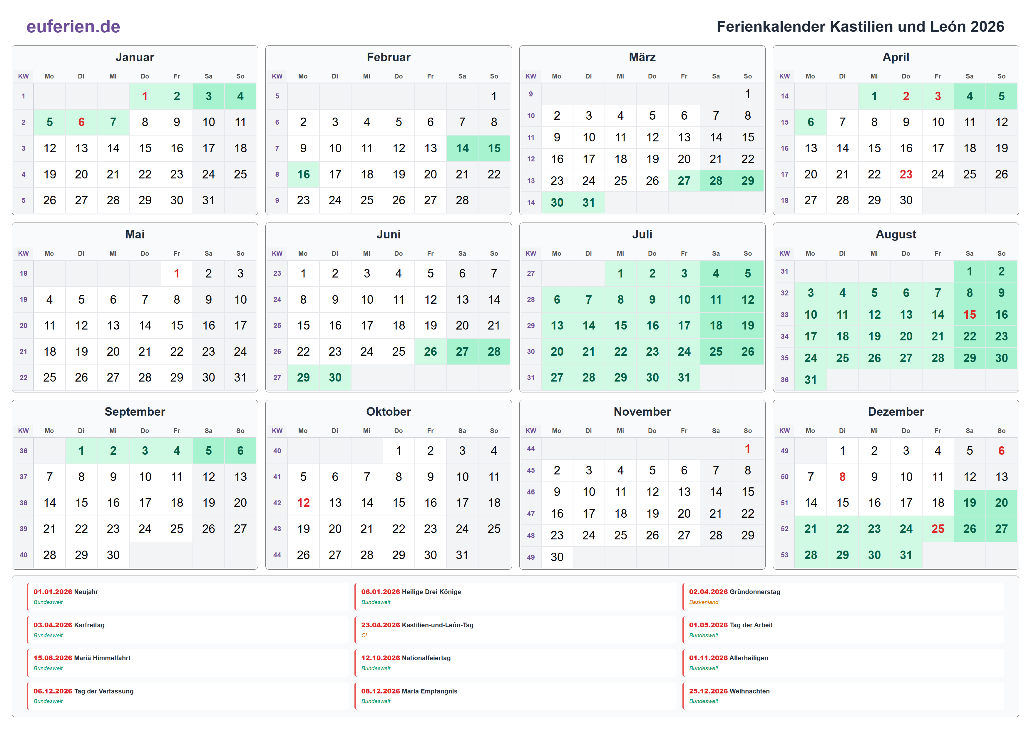 Ferienkalender Kastilien und León 2026 – Querformat
